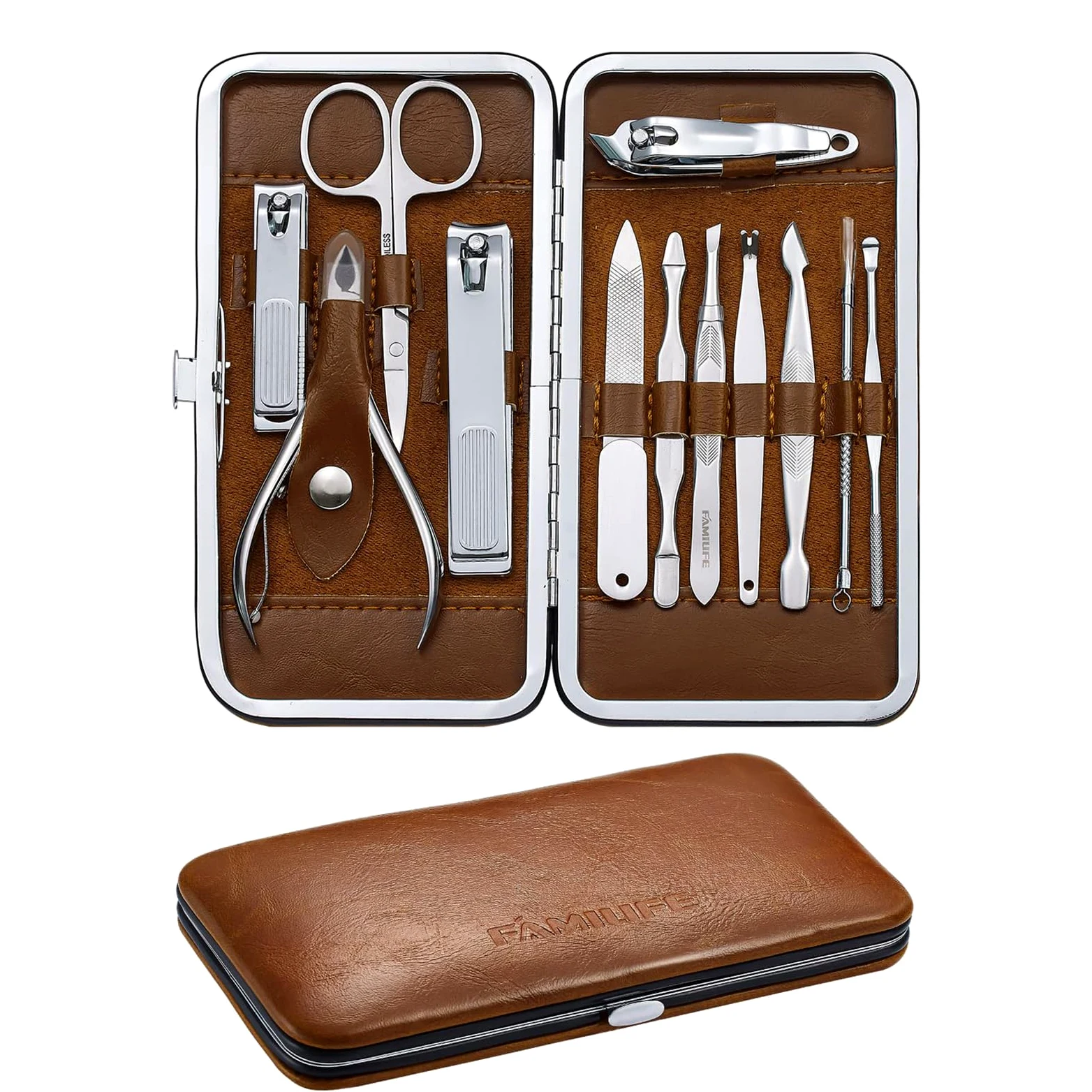 FAMILIFE Juego de manicura, kit profesional de manicura, kit de cortaúñas, 12 piezas de acero inoxidable, herramientas de manicura, juego de uñas con estuche de viaje de cuero marrón, regalos de lujo