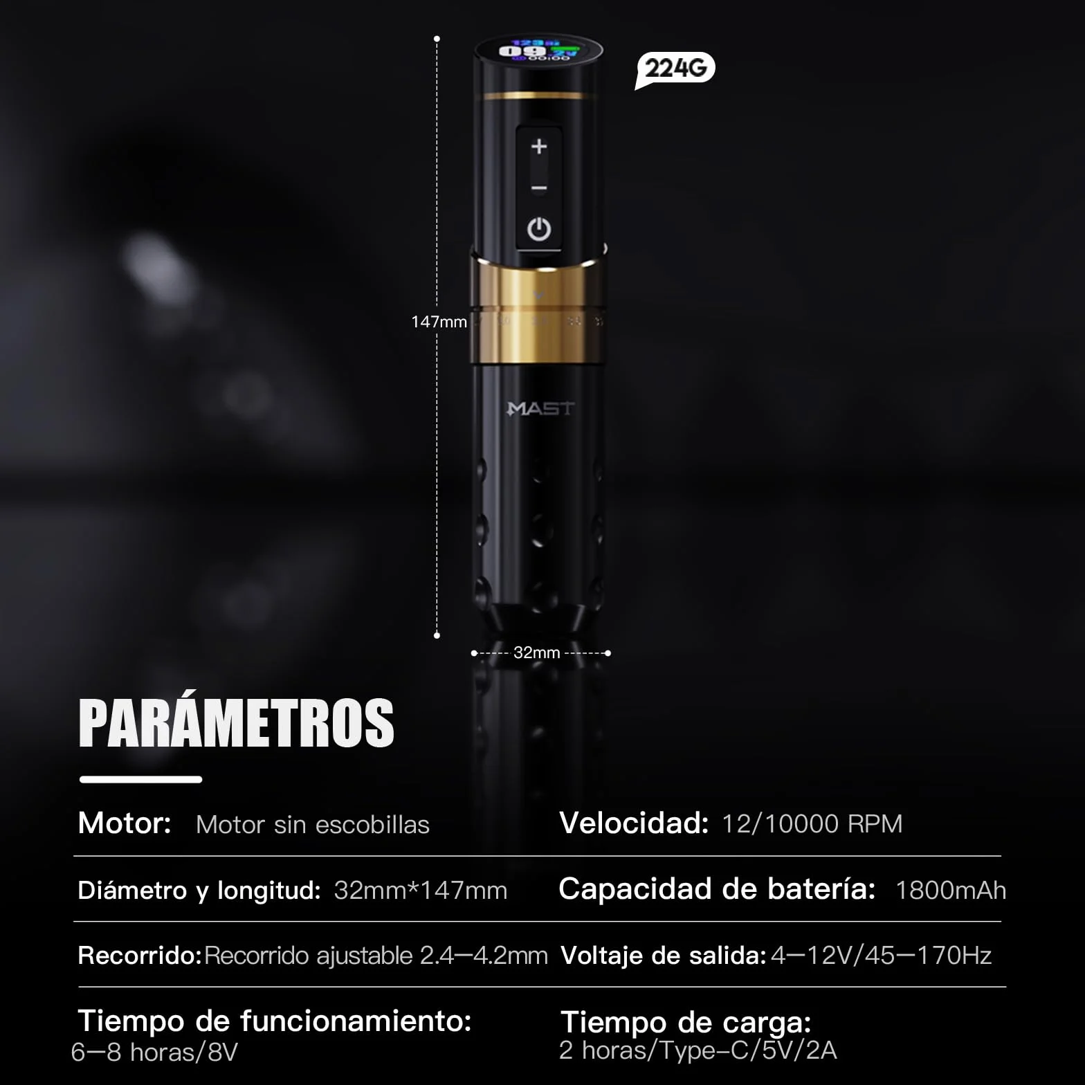 Mast Flip3 Máquina de Tatuar Pen Rotativa Inalambrica Tattoo Gun with 7Adjustable Strokes 2.4mm - 4.2mm with 1800mAh 2pcs Baterías para Principiantes y Artistas de Tatuajes