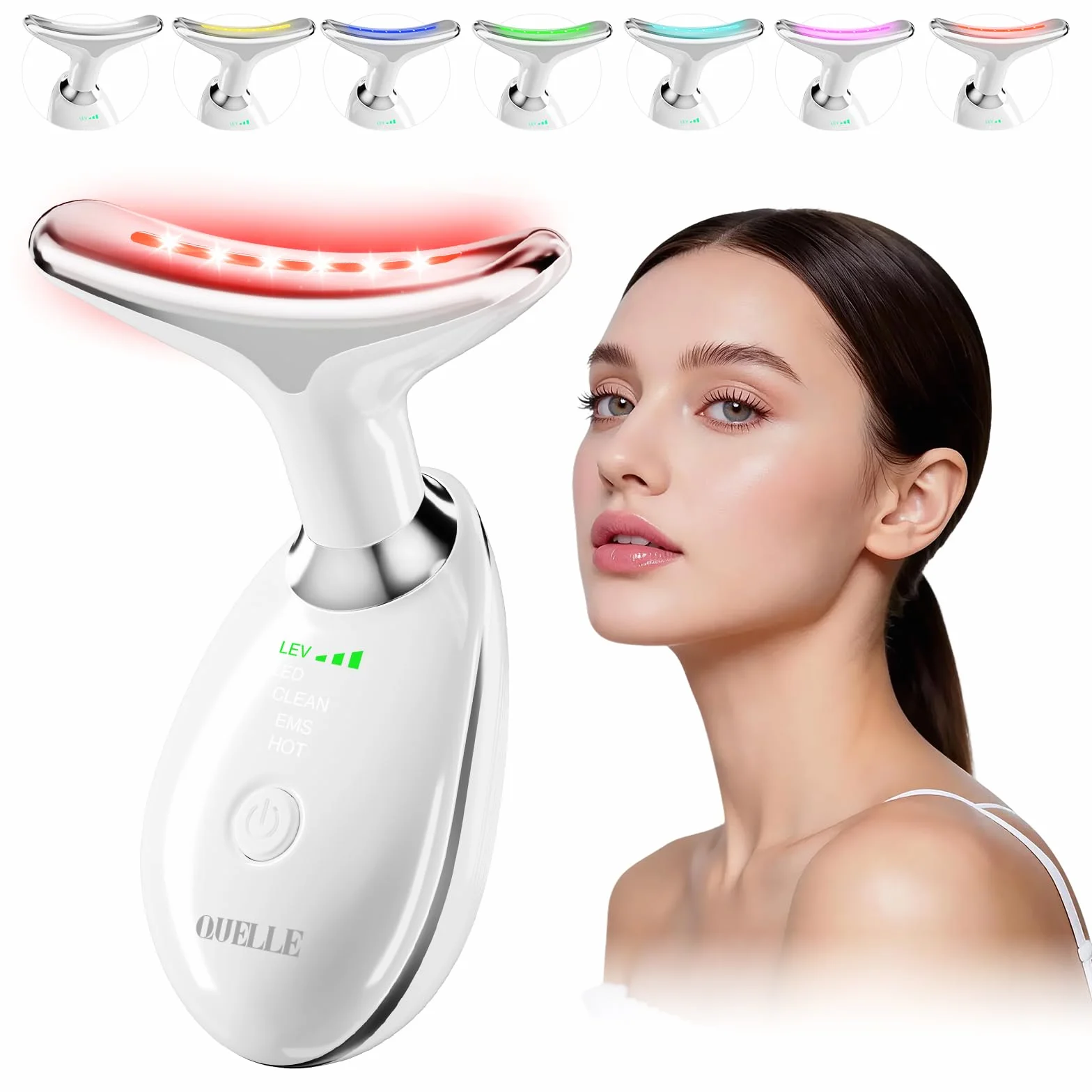 QUELLE Masajeador Facial Electrico EMS LED 7 Colores Calor 45°C Reafirmante 3 Modos para Cara y Cuello