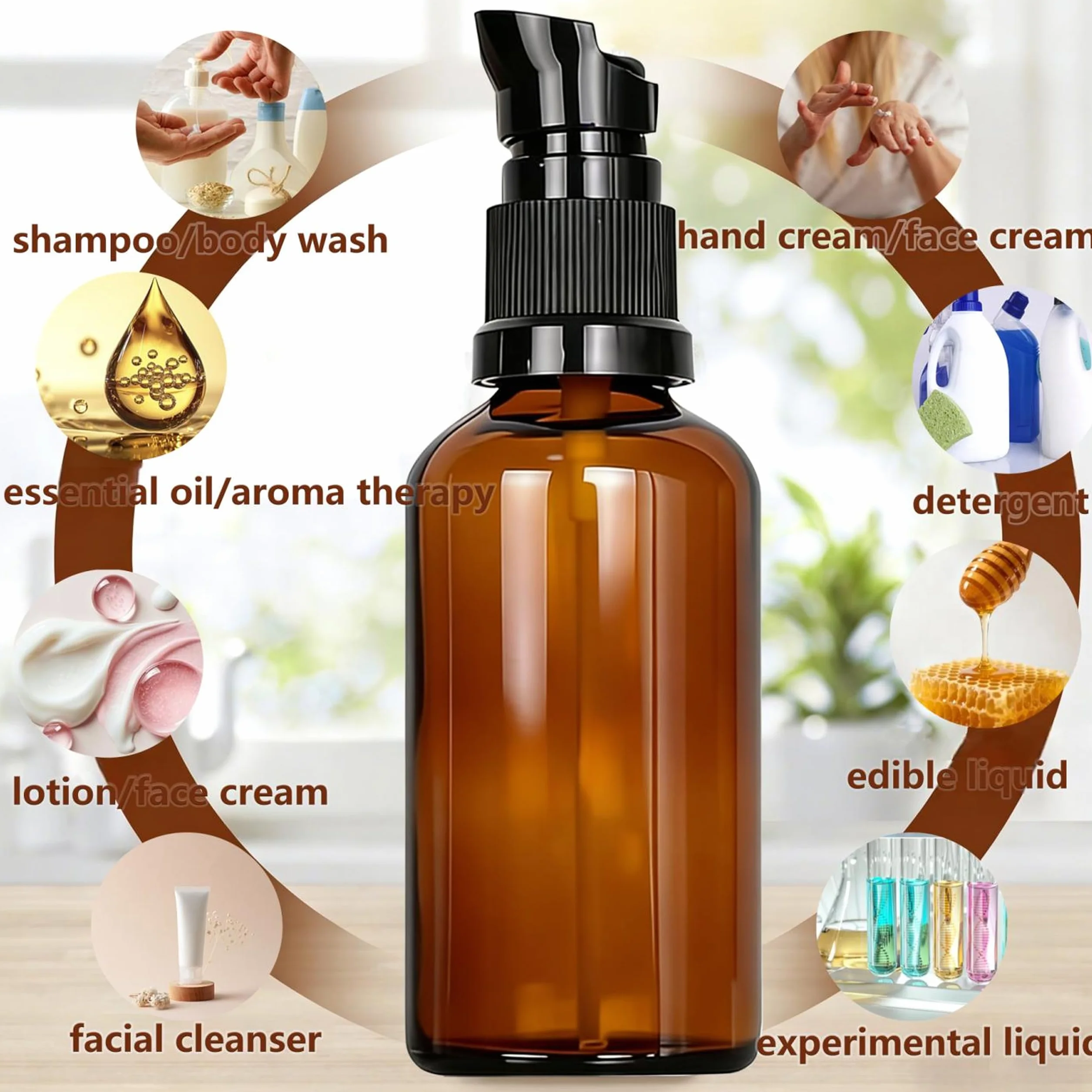 Botellas de Vidrio Marrón 50ml con Bomba, Protección UV, Rellenables para Aceites Esenciales