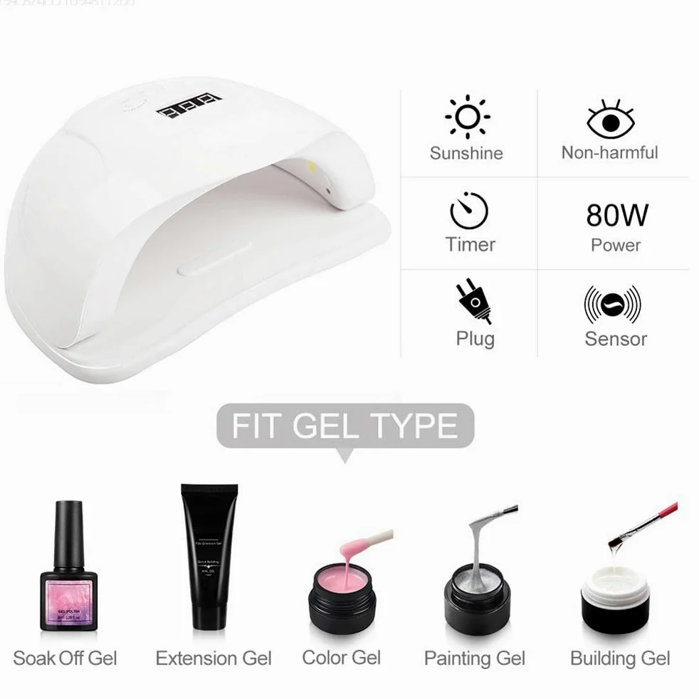 Kit de esmalte de uñas profesional de 80 W UV + LED lámpara de uñas de gel para manicura UV