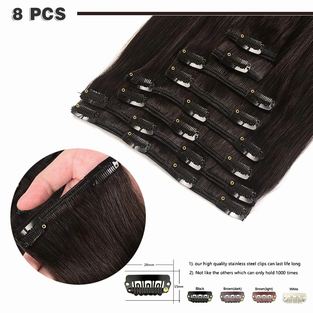 Extensiones de cabello humano Remy de 14 pulgadas con clip, color negro para mujer, corto, sedoso, recto, 8 piezas, 20 clips, extensiones de cabello humano real (14 pulgadas, 100 g, negro natural #1B)