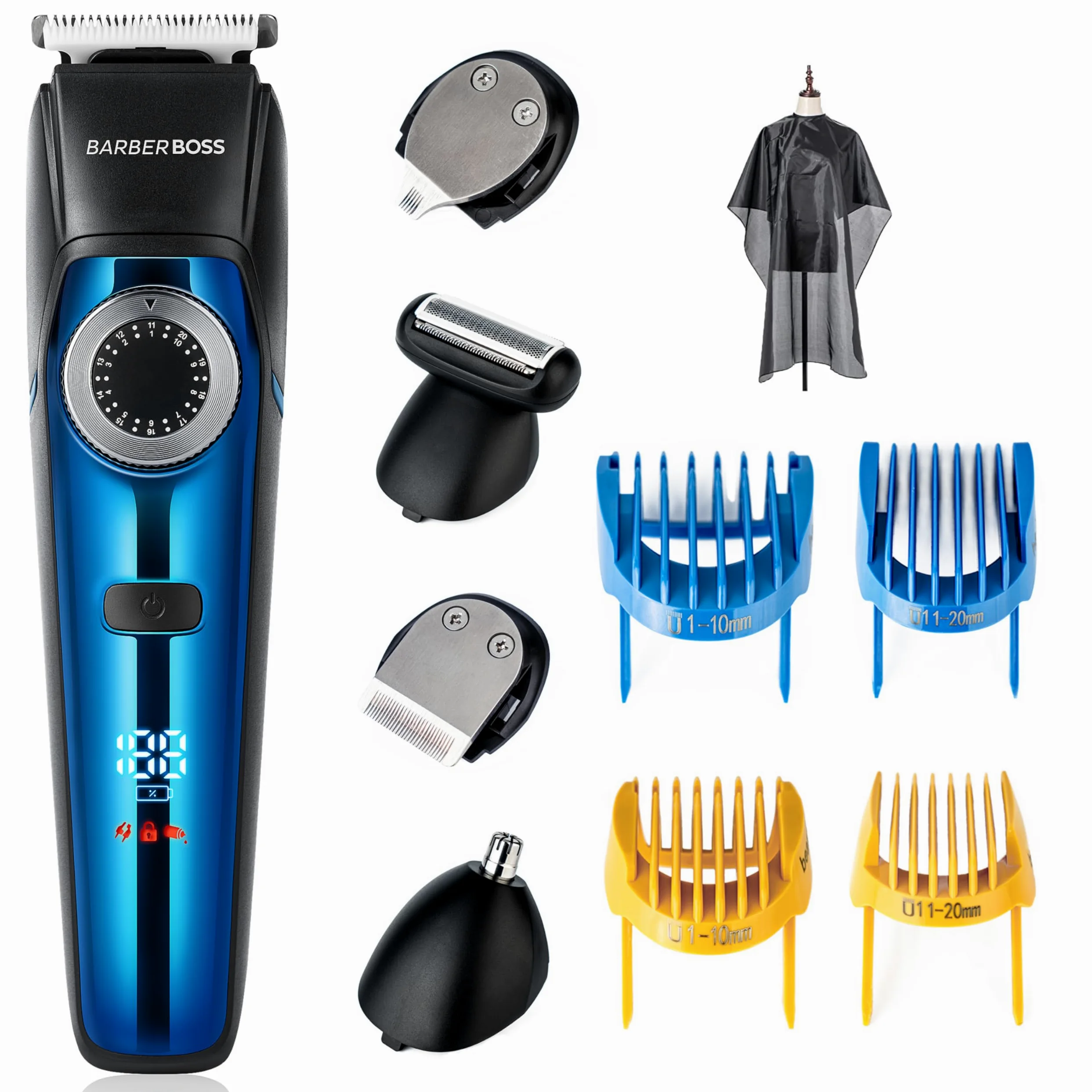BarberBoss Kit de cuidado personal inalámbrico 5 en 1 para hombre, dial de precisión, 39 posiciones de longitud, cortadora de cabello y barba para hombres