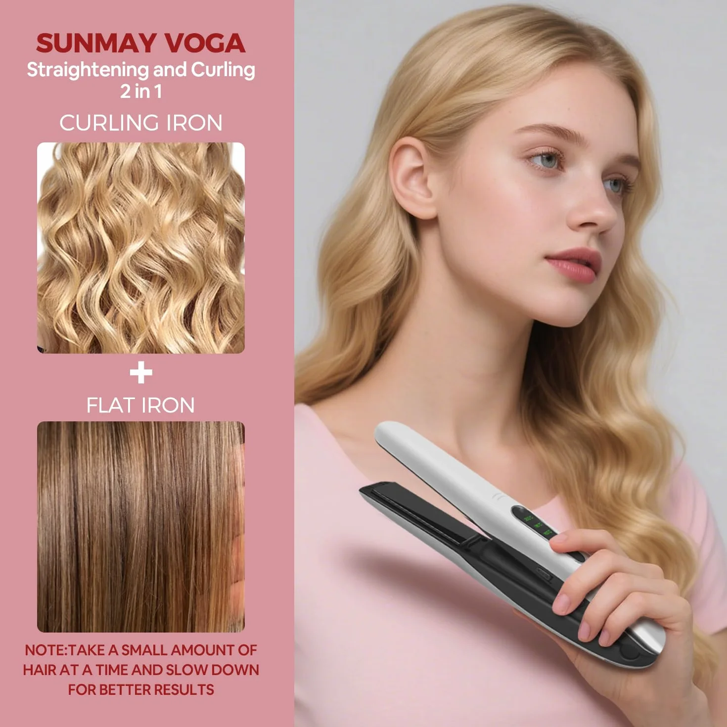 SUNMAY Voga Plancha Pelo Inalambrica 2 en 1, Plancha de Pelo y Rizador de Titanio Portátil, Mini Plancha Pelo Viaje USB 5000 mAh, 3 Niveles de Temperatura, Calentamiento Rápido (Blanco)