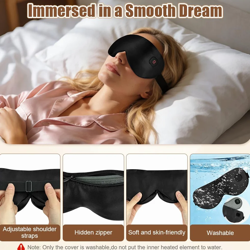 Antifaz para Dormir Calentado con Batería 1000mAh USB Control de Temperatura para Migraña y Sueño Negro
