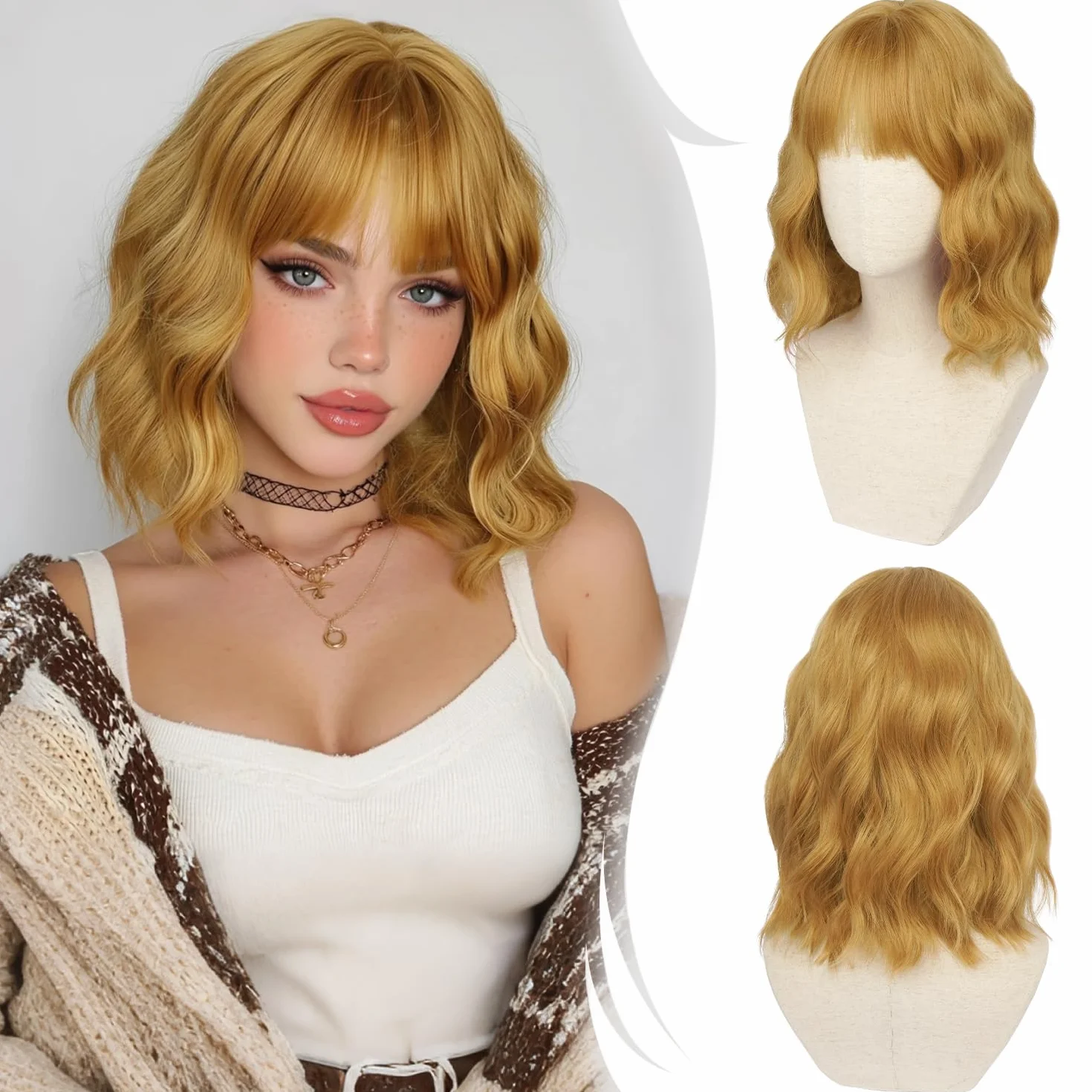Peluca pelo Natural Amarillo Jengibre 35 cm con Flequillo Rizada Ondulada Bob Corta Sintética