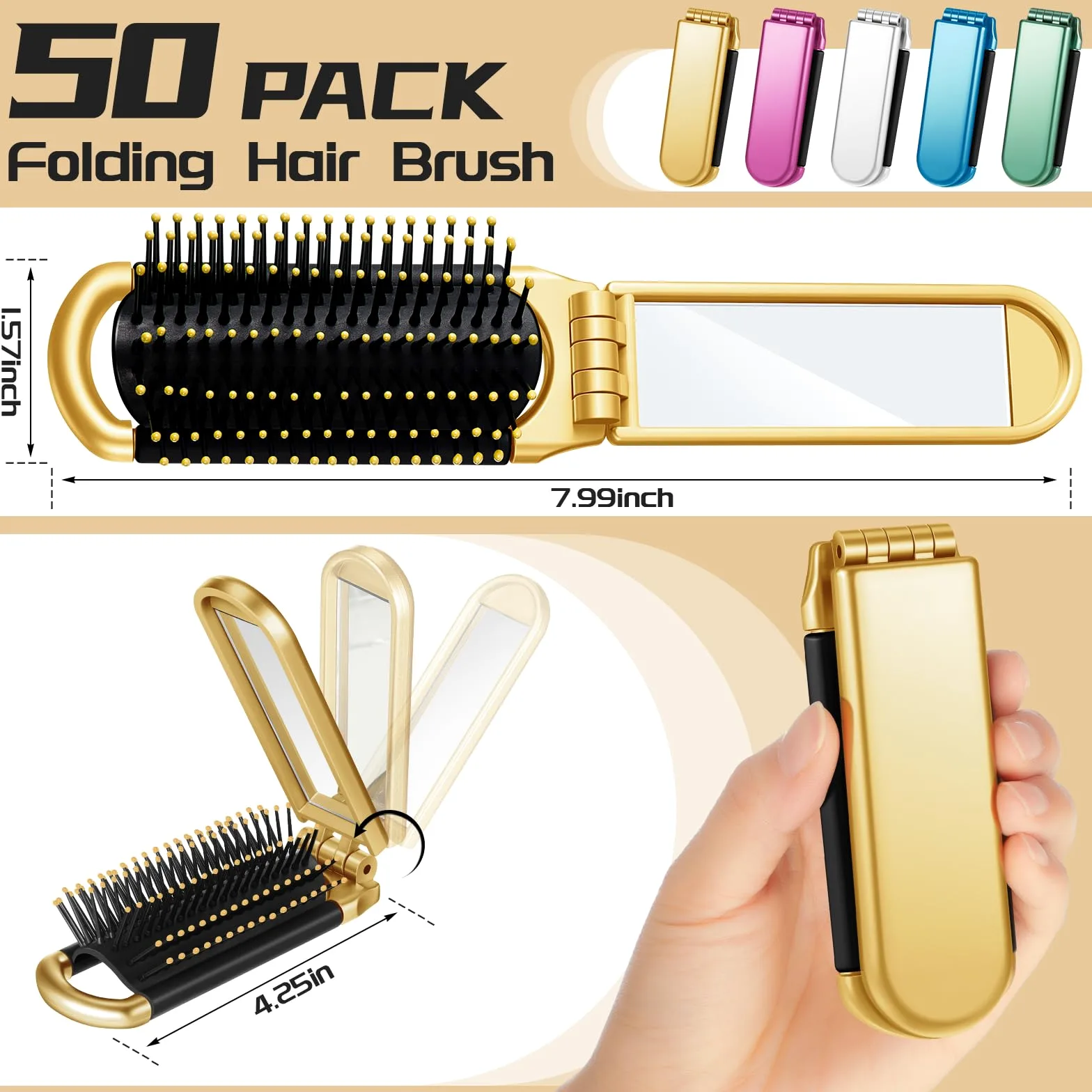 Uiifan 50 cepillos de viaje compactos portátiles plegables con espejo tamaño de bolsillo mini cepillo de pelo para hombres y mujeres, herramientas de peinado para el cabello, bolso, coche, gimnasio,