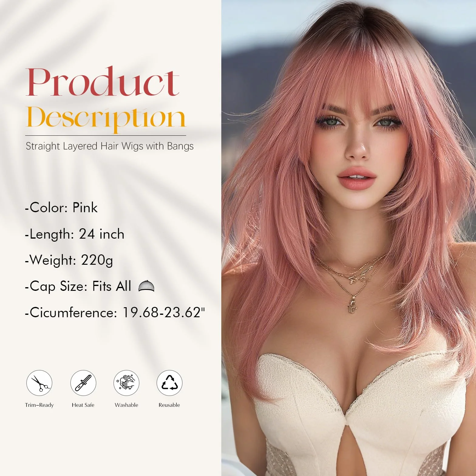 Pelucas Largas en Capas con Flequillo Resistente al Calor Sintético para Mujer Halloween Fiesta Rosa