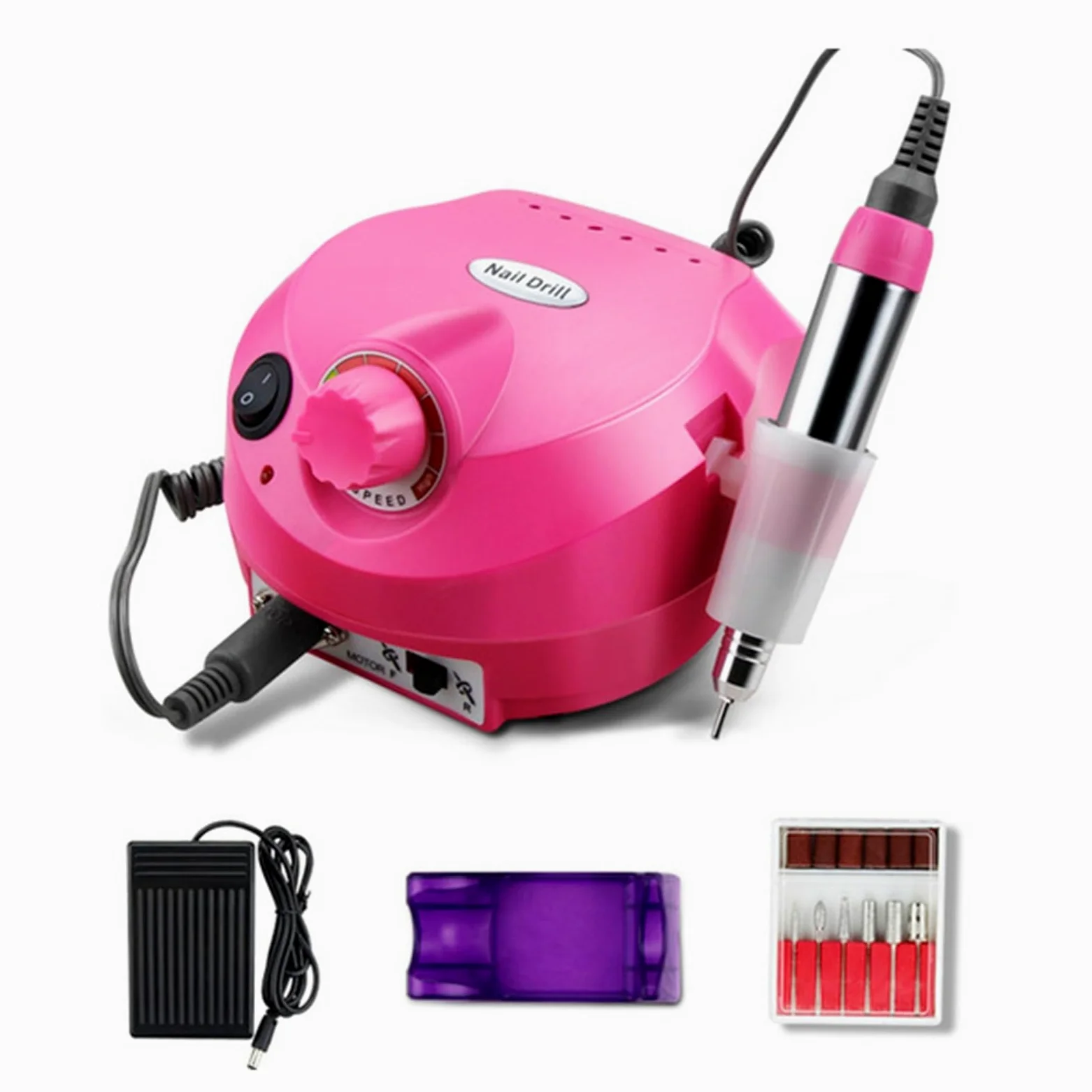 Torno para Uñas, Juego de taladro eléctrico for uñas, cortador de fresado profesional for manicura, limas de uñas, brocas, herramientas for quitar esmalte de Gel(Pink)