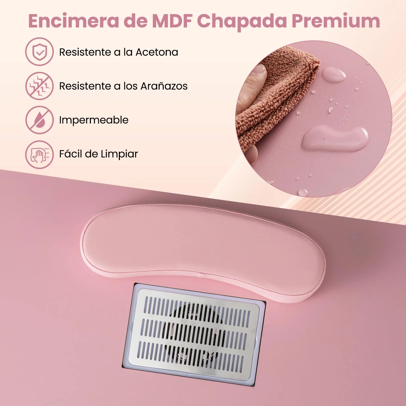 COSTWAY Mesa de Manicura con Aspirador Eléctrico, 3 Bolsas para Polvo, Reposamuñecas, 6 Cajones, Mesa para Uñas con 8 Ruedas, Mesa Manicura Profesional para Salones de Belleza, 108x45x76 cm (Rosa)