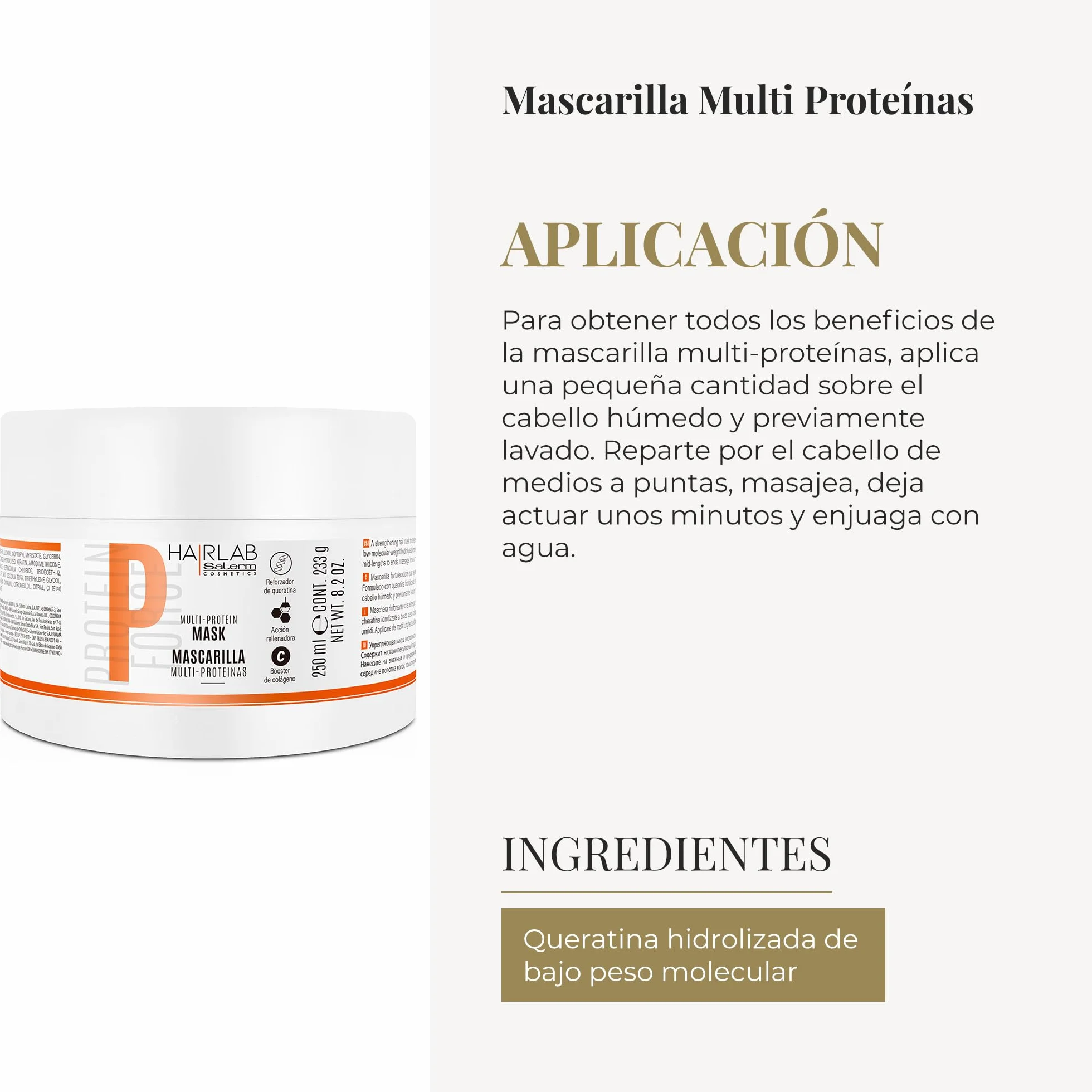 SALERM Multi-Proteínas Hair Lab Mascarilla Cabello Dañado 250 ml Repone Queratina Natural Fortalece Repara Sin Parabenos