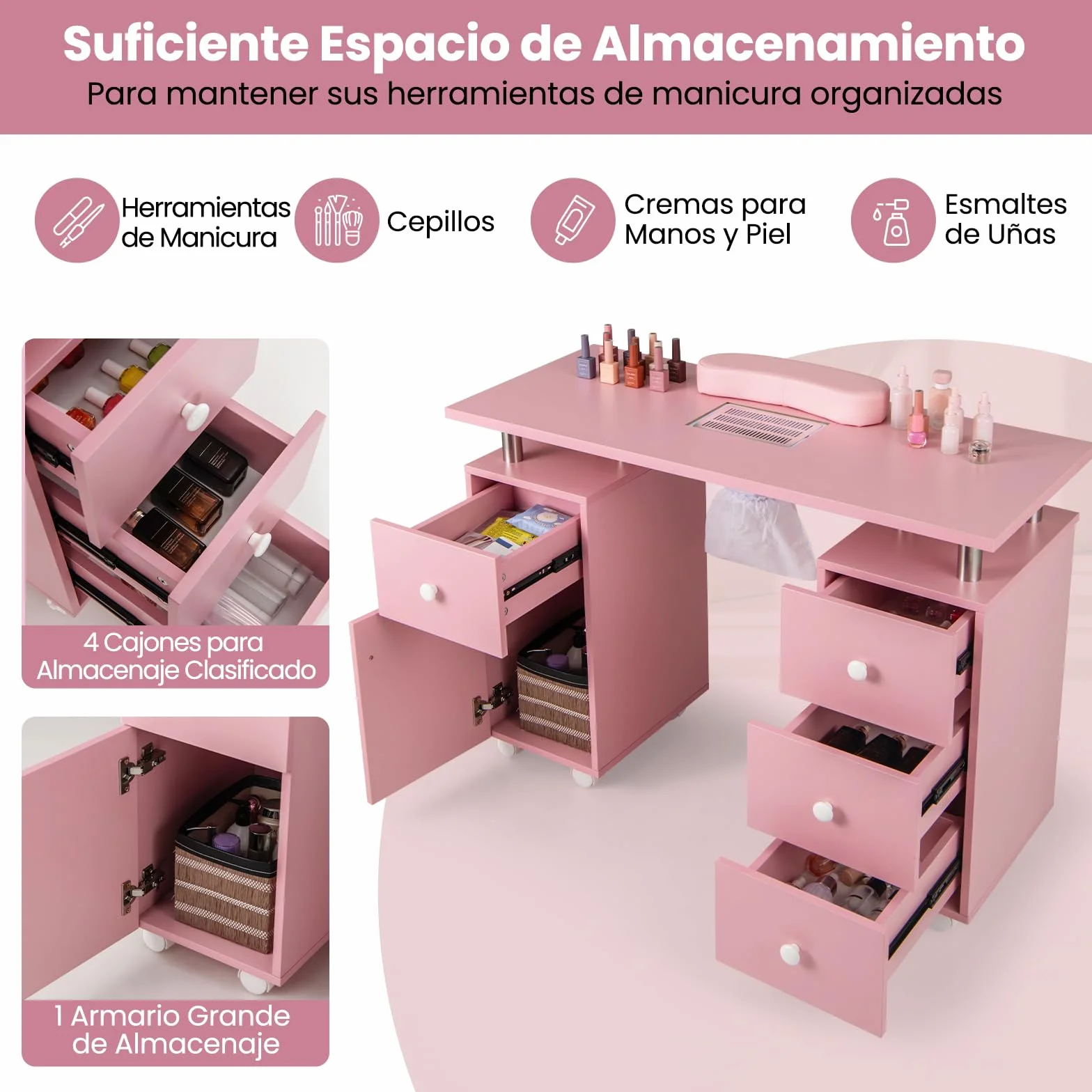 COSTWAY Mesa de Manicura con Aspirador Eléctrico, 3 Bolsas para Polvo, Reposamuñecas, 6 Cajones, Mesa para Uñas con 8 Ruedas, Mesa Manicura Profesional para Salones de Belleza, 108x45x76 cm (Rosa)