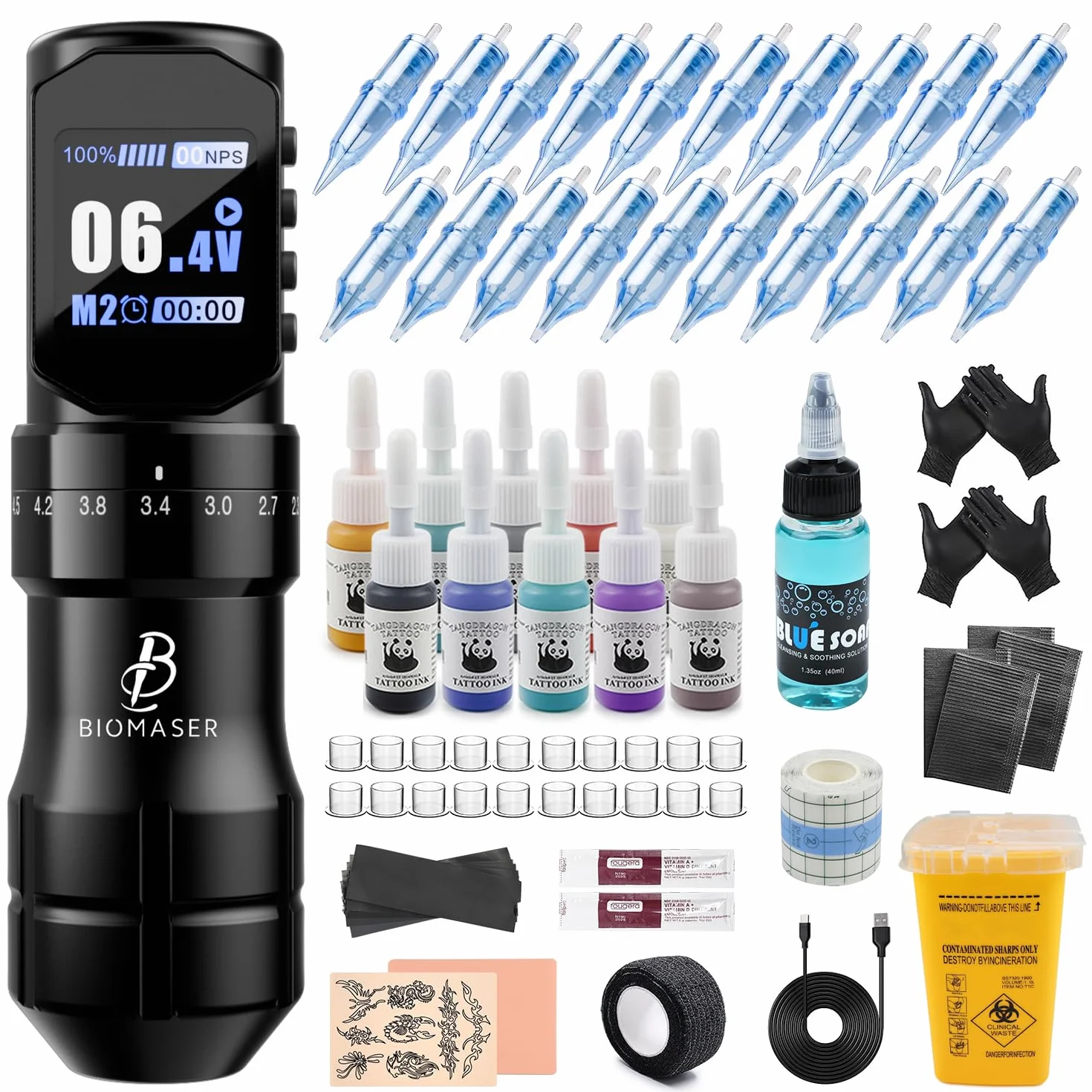 Biomaser Kit de Máquina Rotativa Inalámbrica Completo de Máquina con Batería de 2200mAh 20 Cartuchos de Agujas 7 Golpes Ajustables Máquina Digital Tipo Bolígrafo Máquina de Bolígrafo LED Inalámbrica