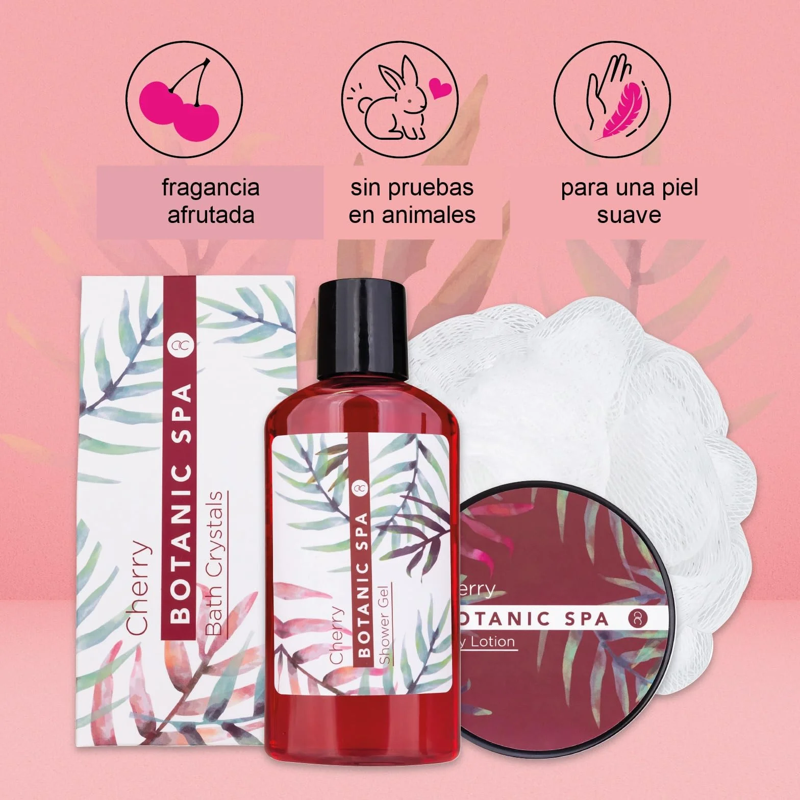 Accentra CHERRY SPA set de baño femenino 4 piezas gel de ducha sales de baño loción corporal esponja de red regalo San Valentín cumpleaños