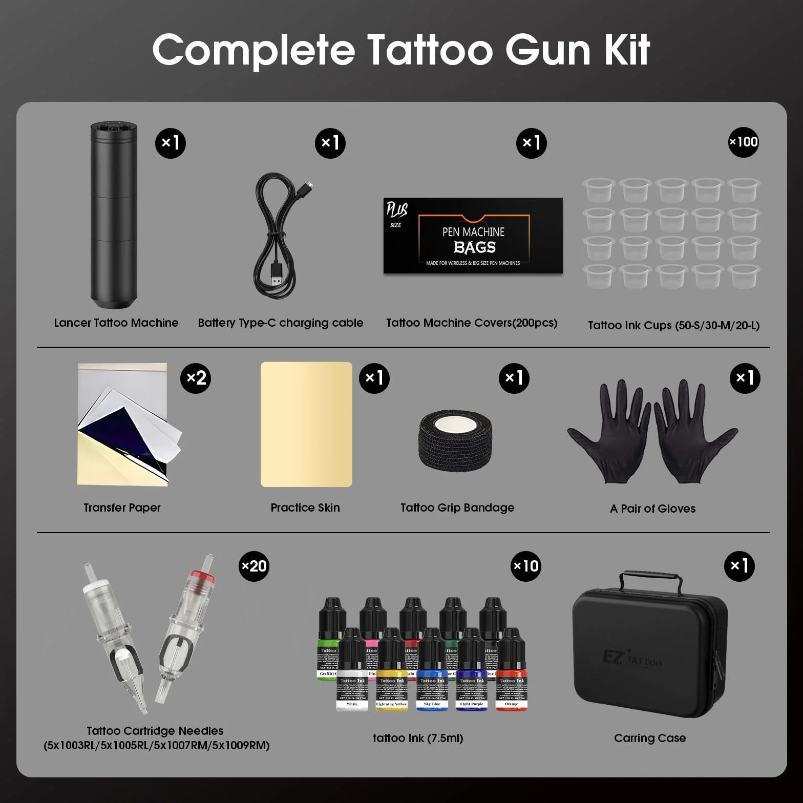 EZ Kit de Tatuaje - Kit de Máquina de Tatuar con Máquina de Tatuar Inalámbrica, Batería de Alimentación de 1500mAh, 20Pzs Agujas Tatuaje y 10 Color Tintas para Tatuadores (Lancer Negro)