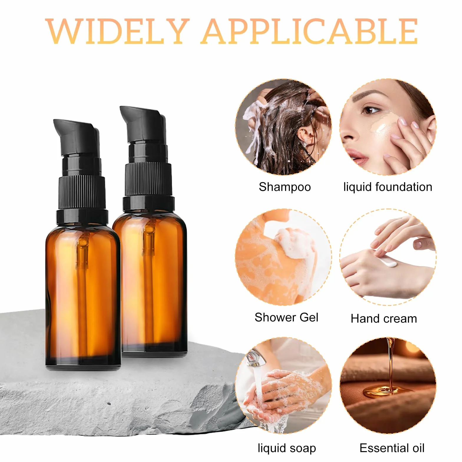 Botellas de Vidrio marrón vacías 30ml con Bomba, Rellenables para Loción y Aceites Esenciales, Protección UV