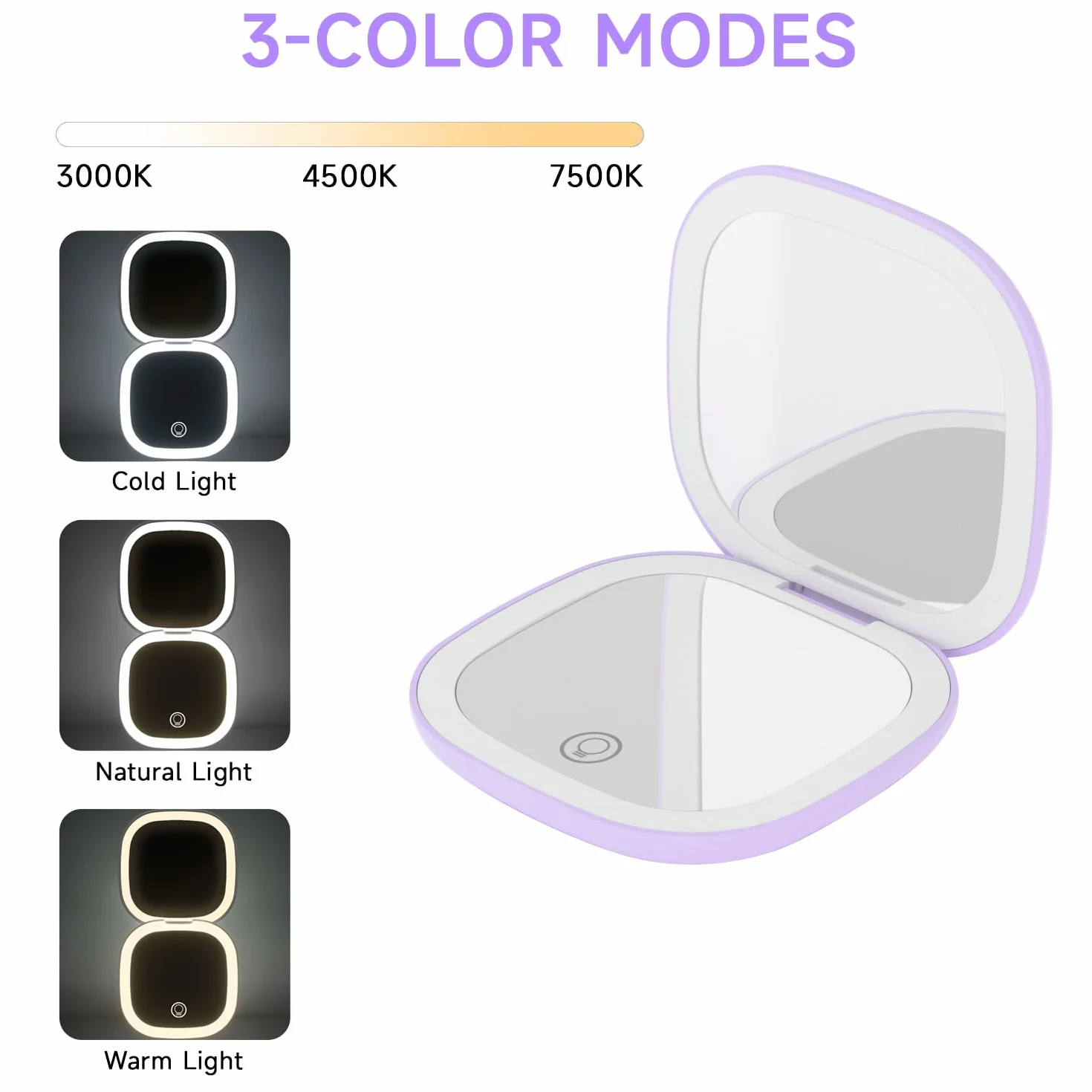 QUMOX Espejo de Maquillaje Compacto con Luz 10X Recargable USB-C LED 3 Modos de Color Brillo Regulable