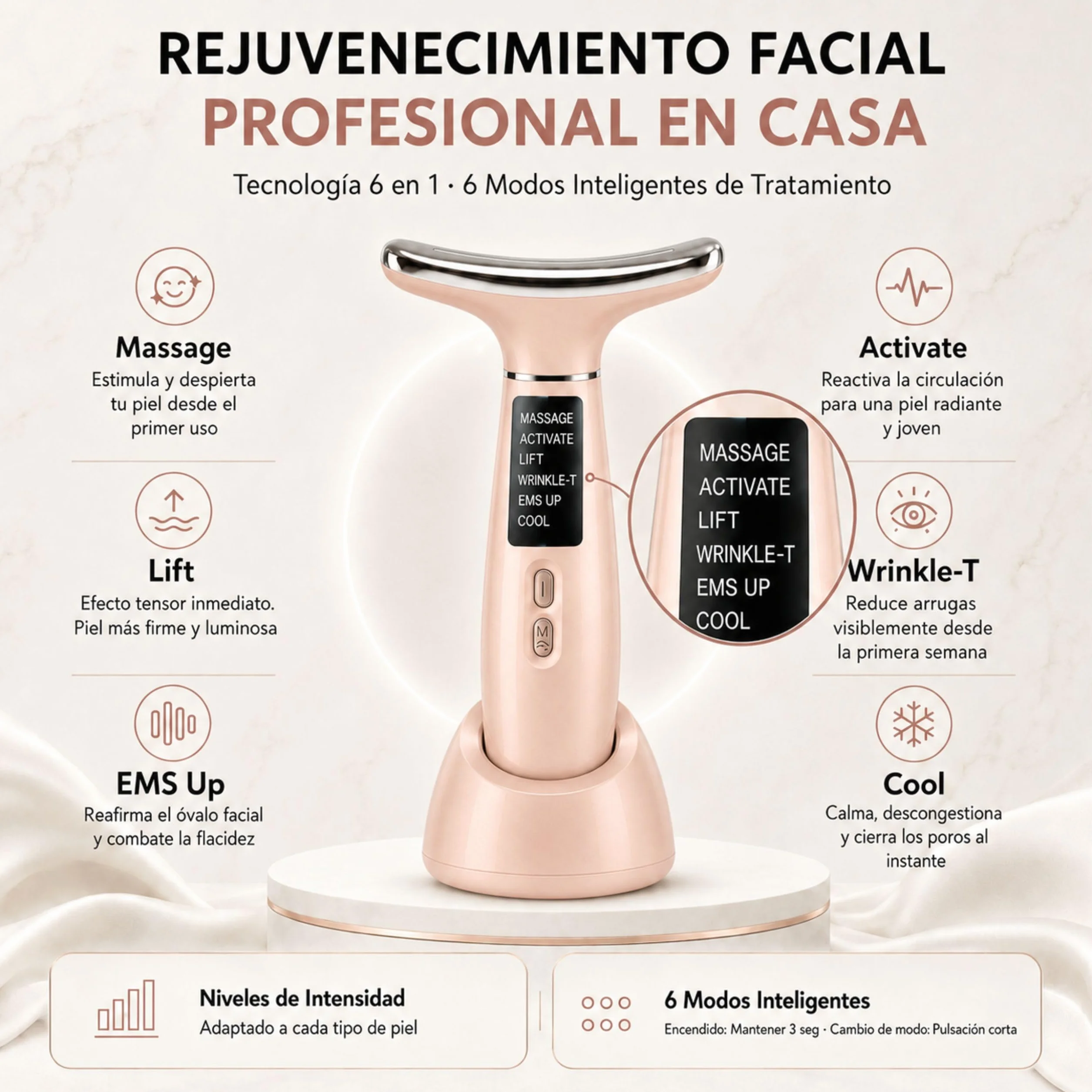 Masajeador Facial Antiarrugas Escultor Facial Lifting Eléctrico Fototerapia LED Quita Arrugas Cara Cuello Rosa