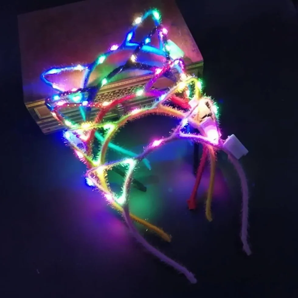 Diademas de orejas de gato con lentejuelas LED brillantes para el pelo, accesorios para fiestas