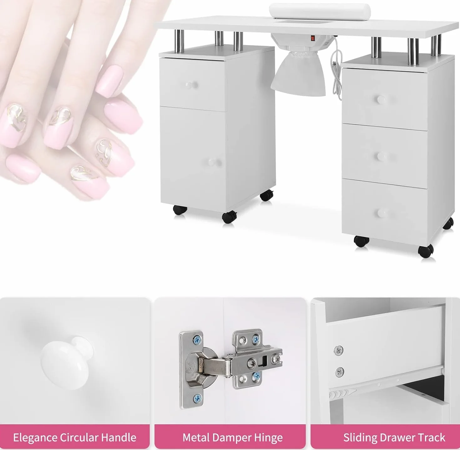 Mesa de Manicura para Uñas con Aspirador,8 Ruedas,3 Bolsas para Polvo, Reposamuñecas, 6 Cajones,Mesa Profesional para Artistas, tatuadores, Estudios y estética (Extra Grande Blanco)