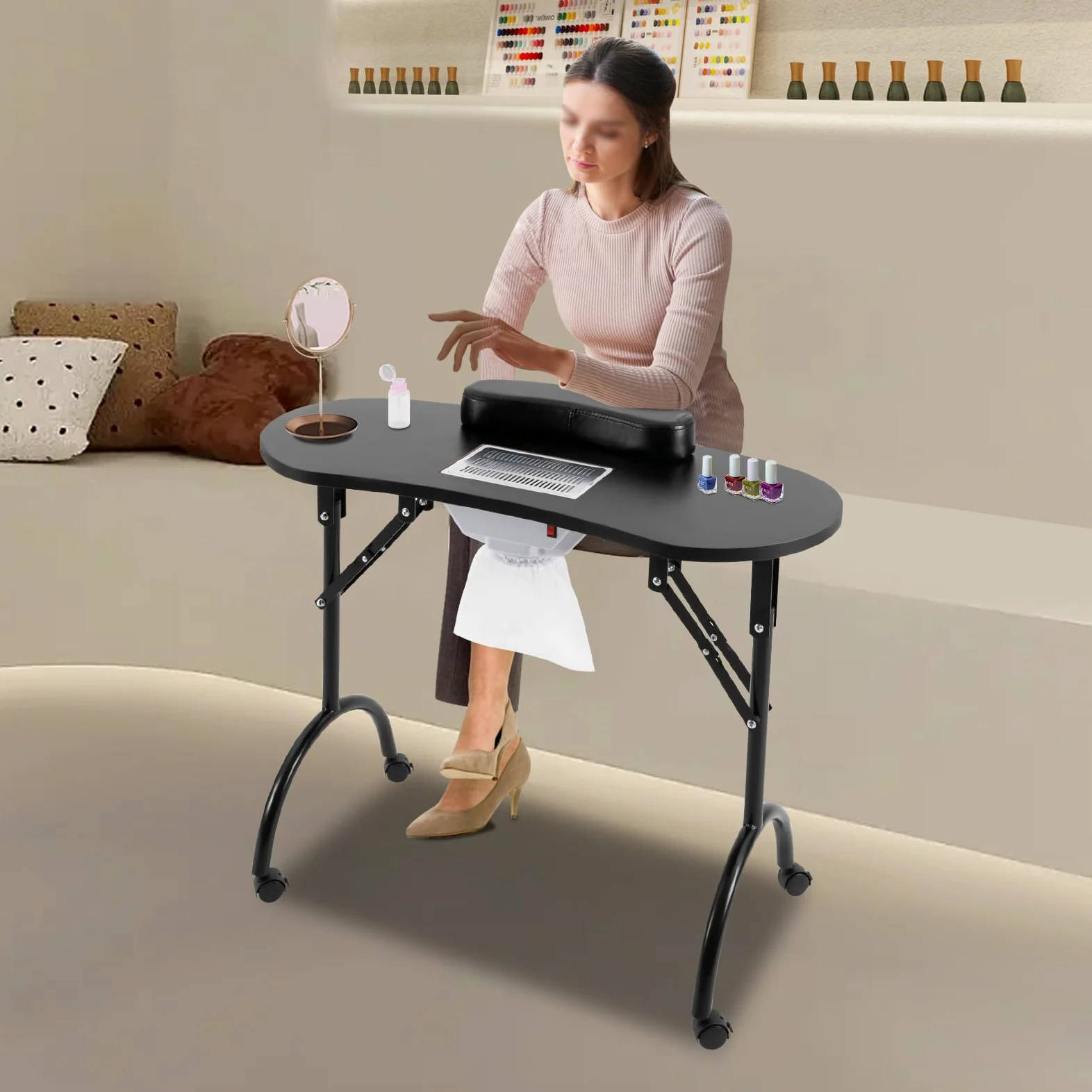 Mesa Manicura Plegable Escritorio Portátil con Cajón Mesa de Manicura con Aspiradora con Ruedas, Bolsa de Polvo, Bolsa de Transporte, 90 x 40 x 72,5 cm