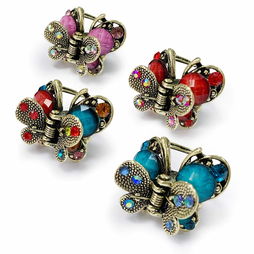 Kavya Pinza para el pelo pequeña con cristales de mariposa retro francesa vintage antideslizante de metal mini 4 piezas