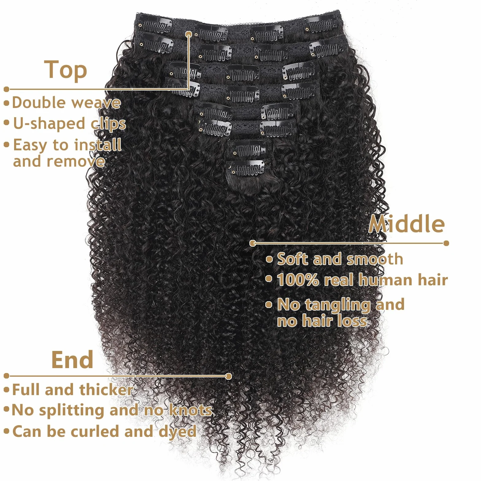 Kinky Curly Extensiones de Pelo Natural 8 Piezas 120g Clip In Invisibles Cabello Humano Negro Natural 10 Pulgadas