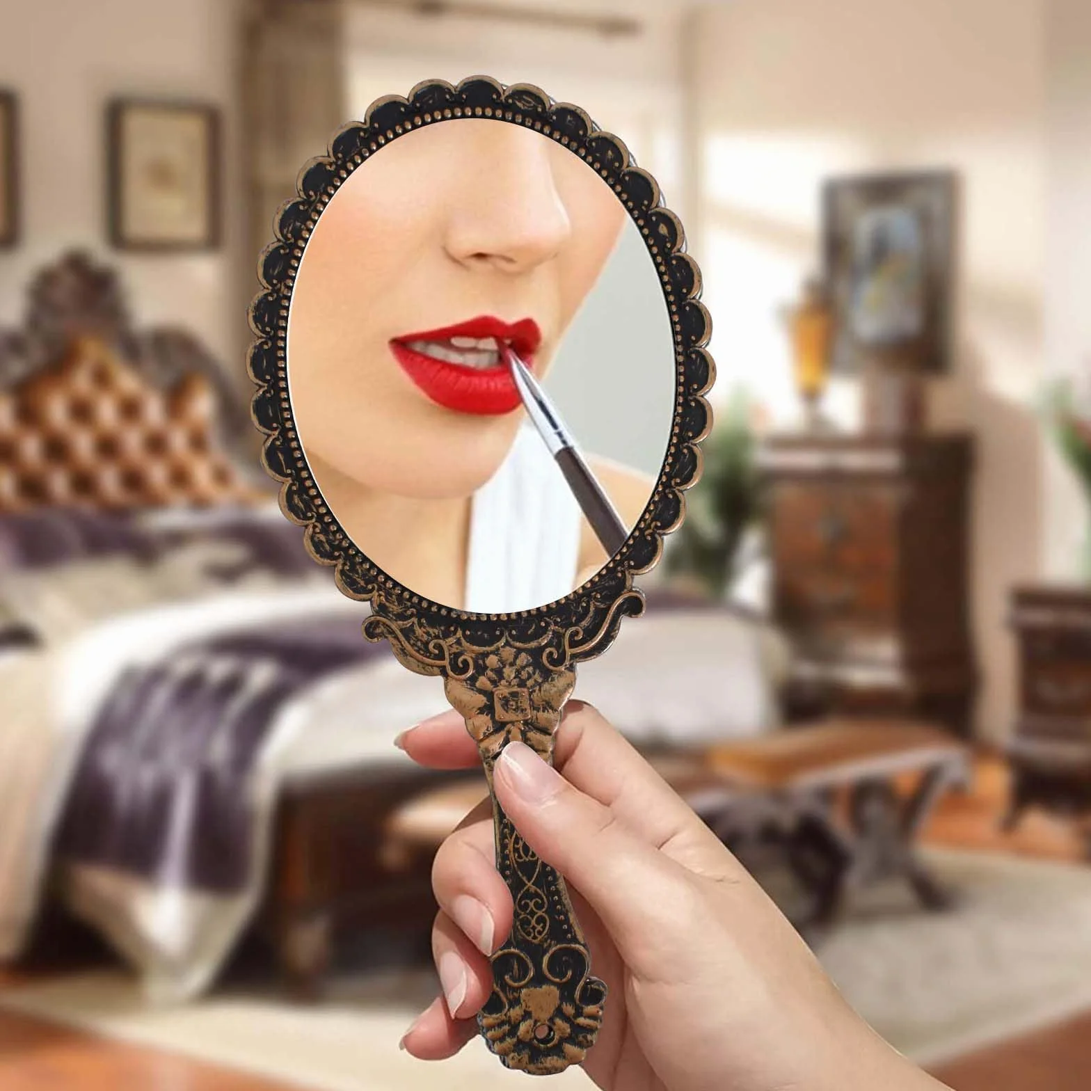 Espejo de mano vintage ovalado de plástico para maquillaje y viajes