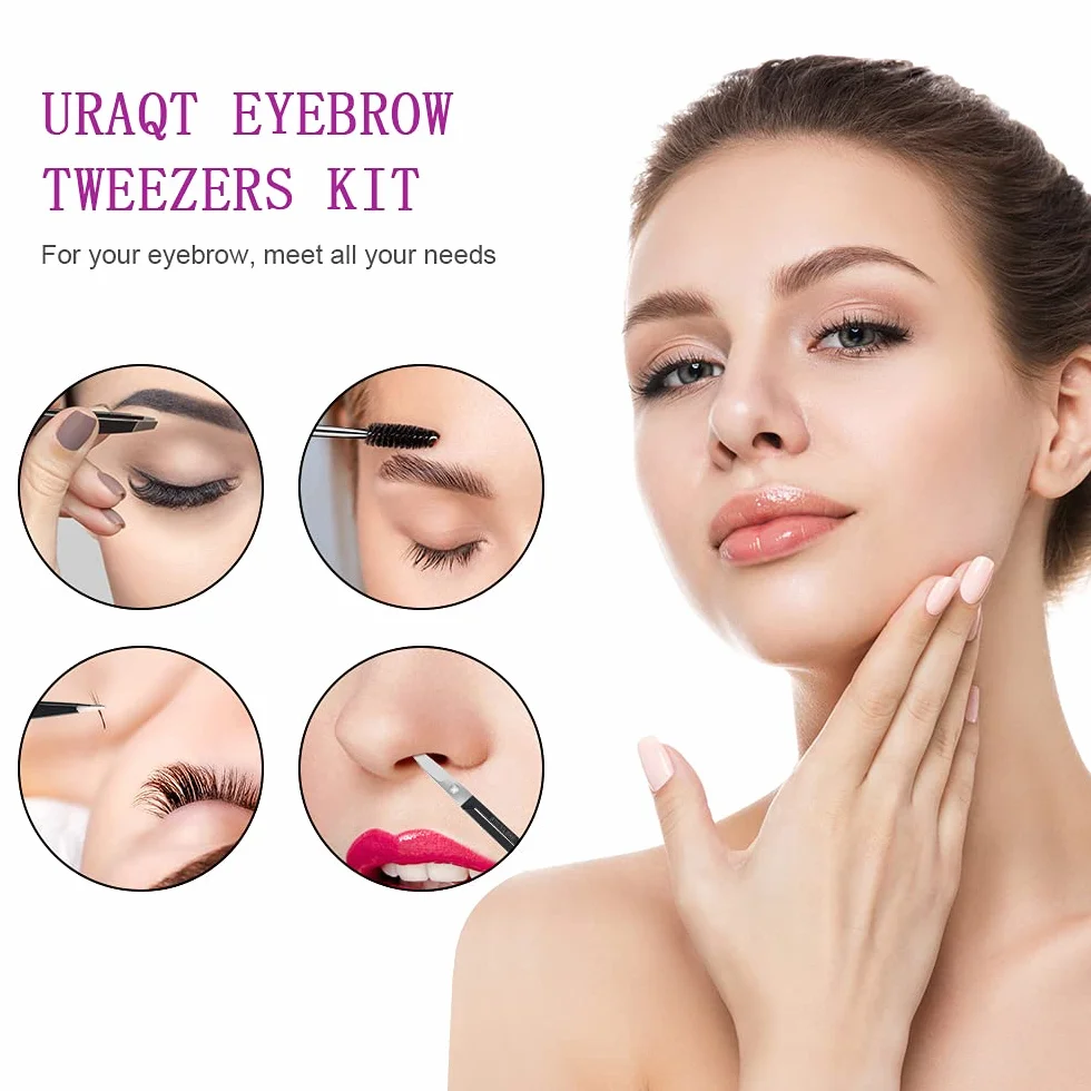 Juego de 6 pinzas profesionales de acero inoxidable para cejas con estuche
