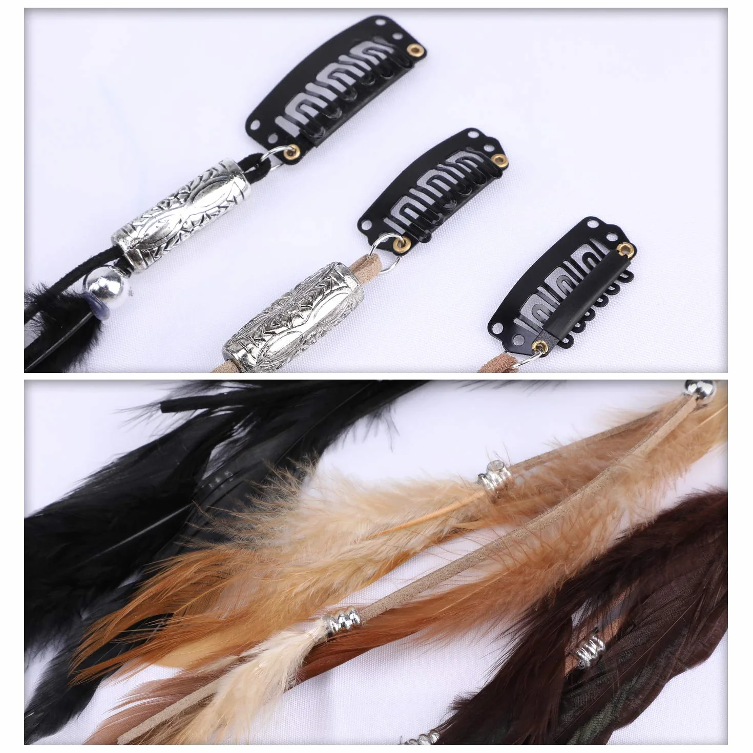 Accesorios para Cabello Pluma con Pinzas Juego de 6, Tocado Bohemio Indio, Extensiones de Cabello para Mujer Cosplay Halloween
