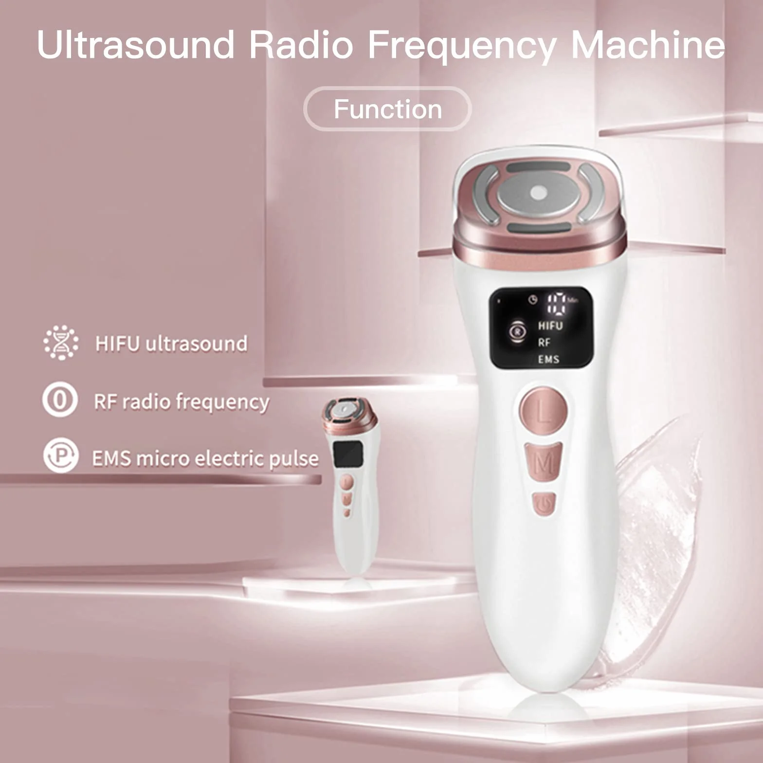 Máquina Hifu Facial Portátil 3 en 1 HIFU RF EMS Antienvejecimiento para Mujeres Cuello Mentón Ojos