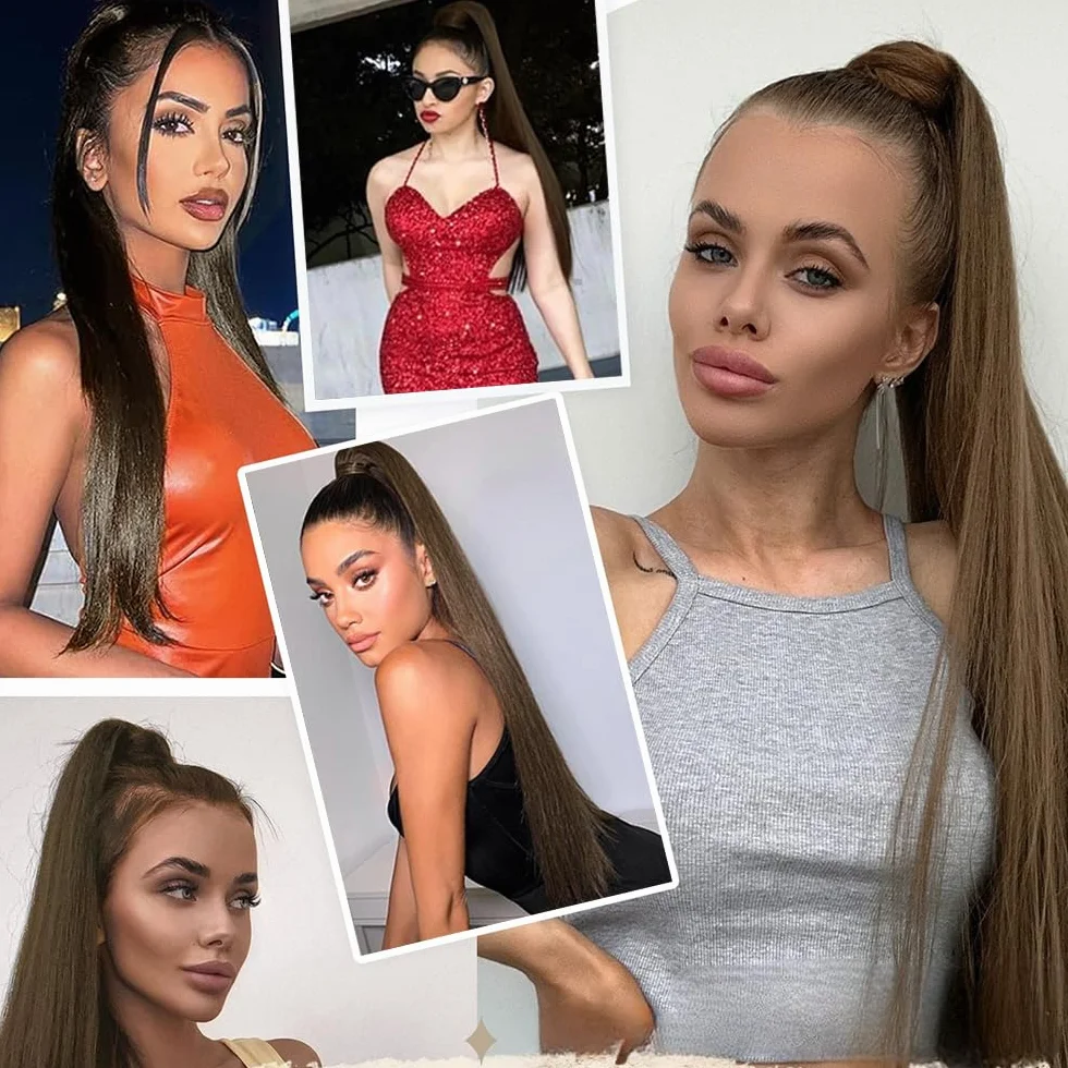 Coleta Pelo Liso Natural Con Pinza Flequillo Postizo 66cm Pelucas Mujer Ponytail Hair Extension Marrón Oscuro
