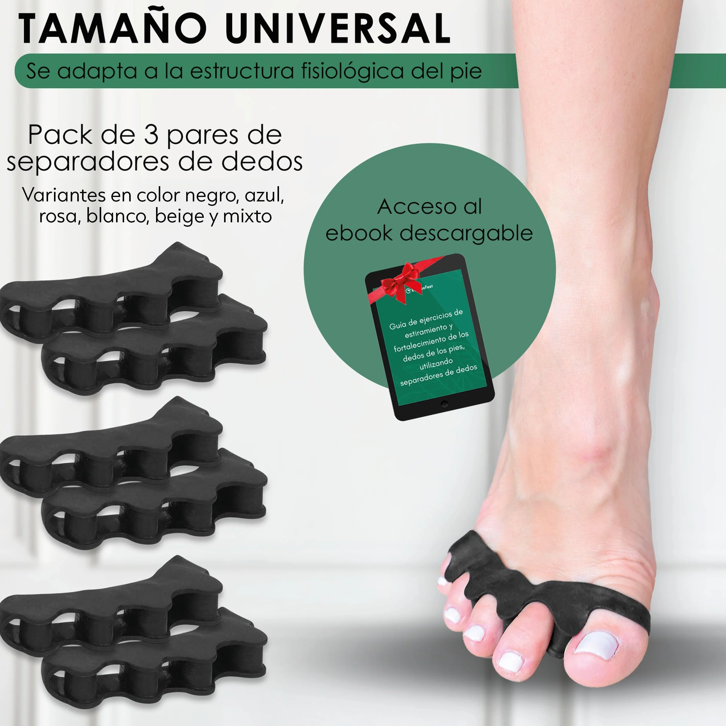 ReposeFeet Separador Dedos Pie Silicona - 3 Pares Protector Dedos Almohadillas para Pies (Negro)