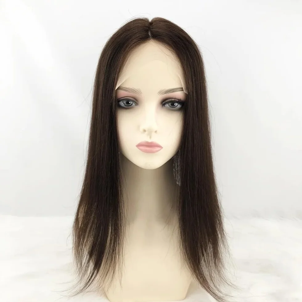 Postizos de cabello humano for mujer, base de encaje suizo de 5 x 5 pulgadas, densidad media, cobertura total, fijación con clips for Thinning Hair(Dark Brown,22inch)