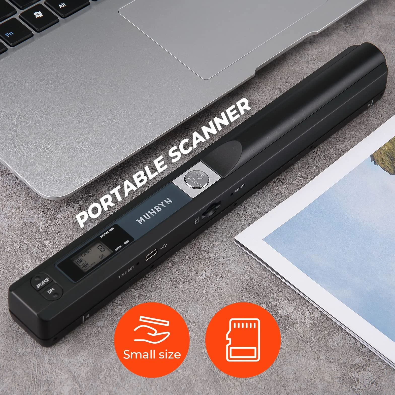 MUNBYN 2026 Escáner Portátil A4 900 dpi Escaneo Plano con Tarjeta SD 16G USB Negro