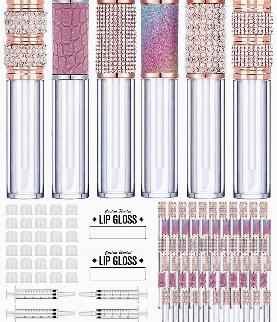AMORIX Paquete de 72 tubos de brillo de labios de diamante de 5 ml con varita de 5 ml, recipientes vacíos de brillo de labios con diamantes de imitación, bonitas botellas de brillo de labios, kit de