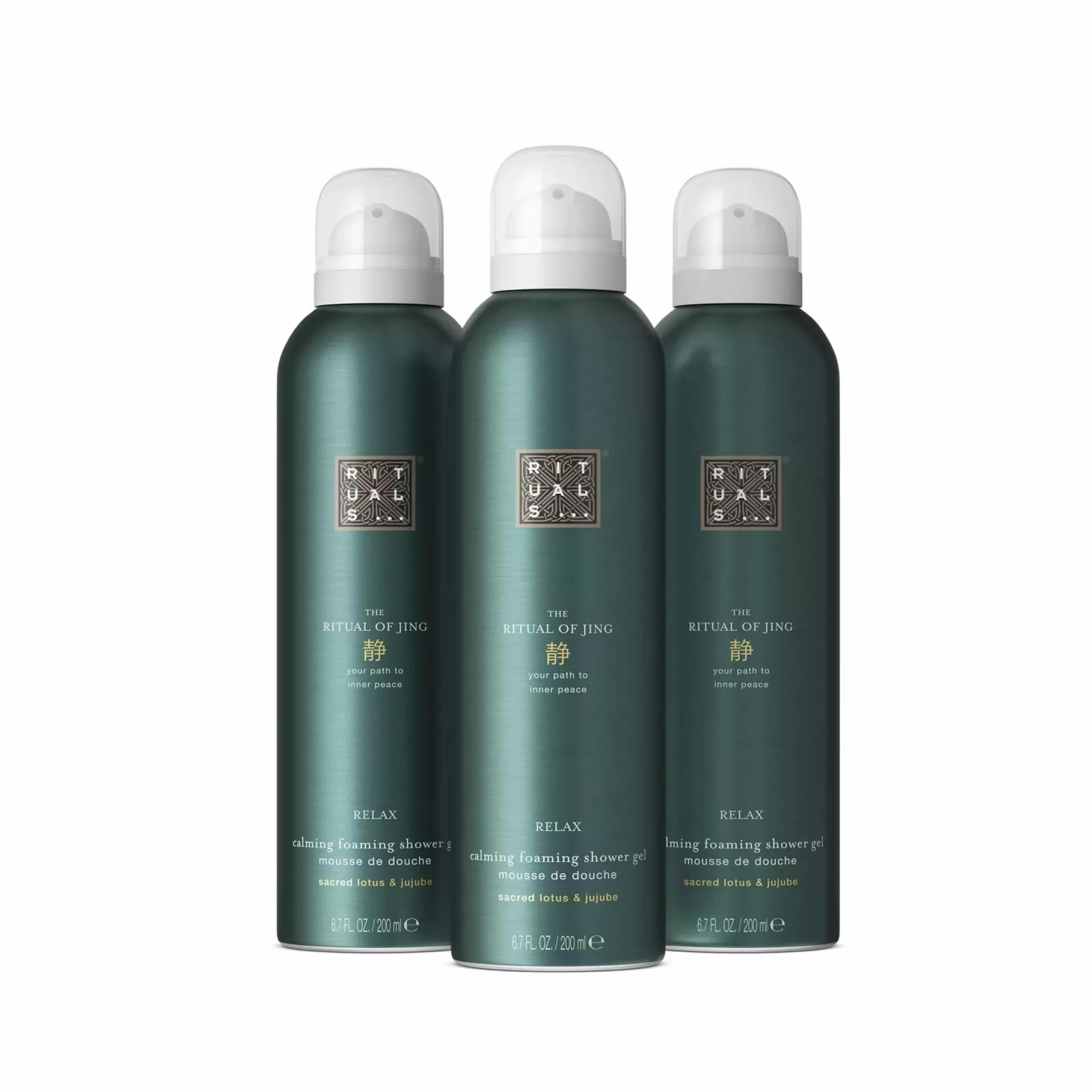 RITUALS The Ritual of Jing – Relax – Pack ahorro con 3 espumas de ducha – geles de ducha con loto sagrado y azufaifo – Gel de ducha relajante – Value Pack de 3 x 200 ml