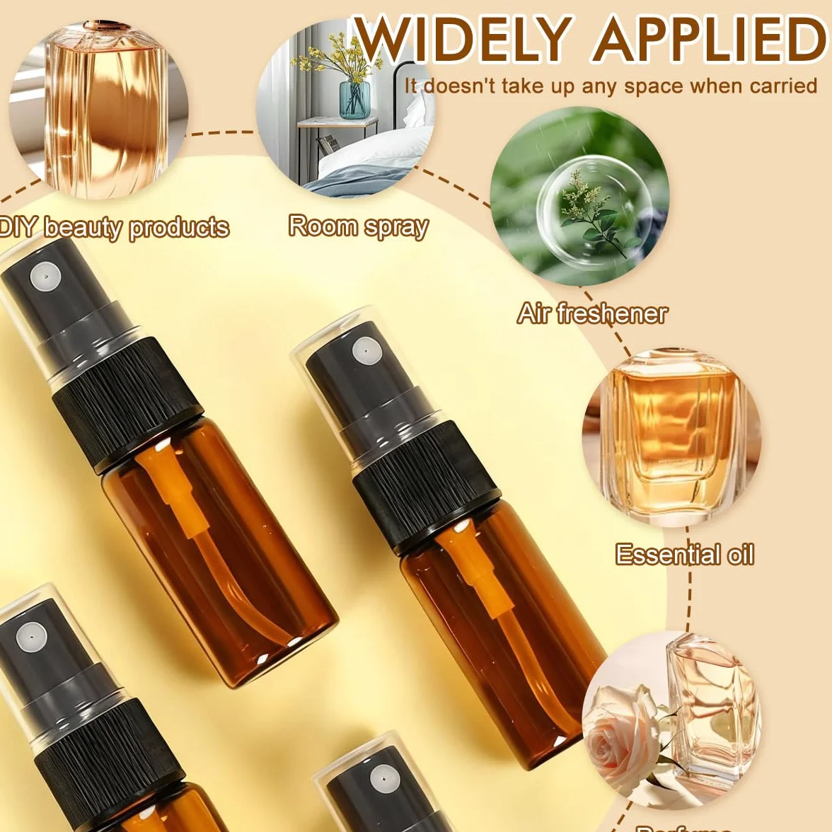 Botellas de vidrio 10 ml con atomizador de niebla fina, vacías rellenables, ámbar, para aceite esencial y perfume
