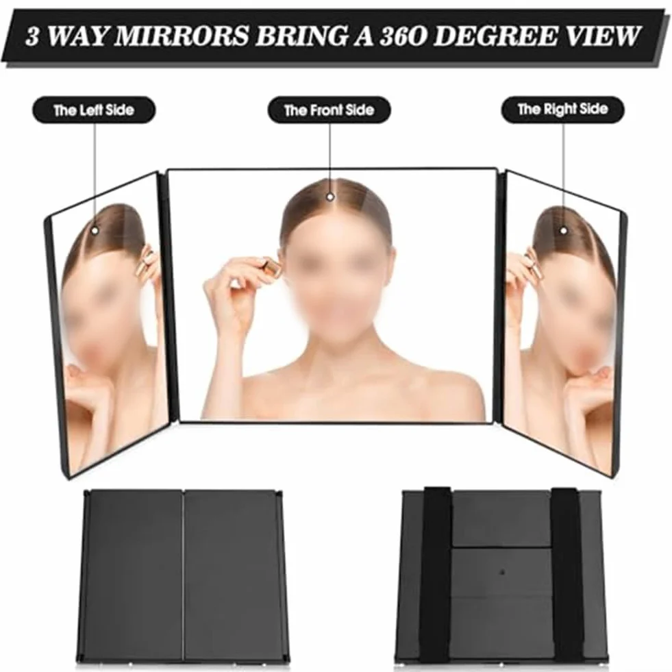 Honseadek Espejo plegable de 3 vías, rotación 360°, ABS y vidrio, negro