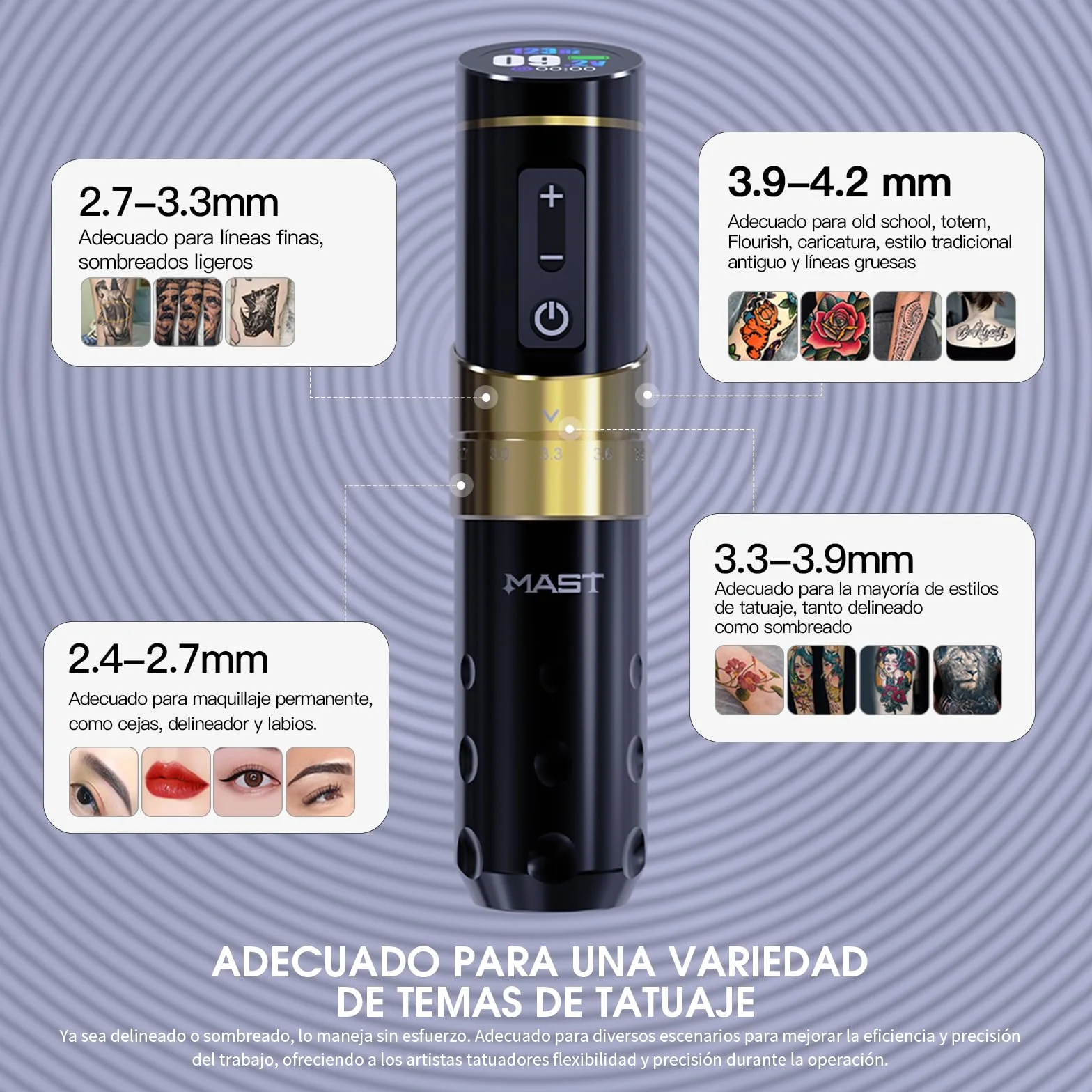 Mast Flip3 Máquina de Tatuar Pen Rotativa Inalambrica Tattoo Gun with 7Adjustable Strokes 2.4mm - 4.2mm with 1800mAh 2pcs Baterías para Principiantes y Artistas de Tatuajes