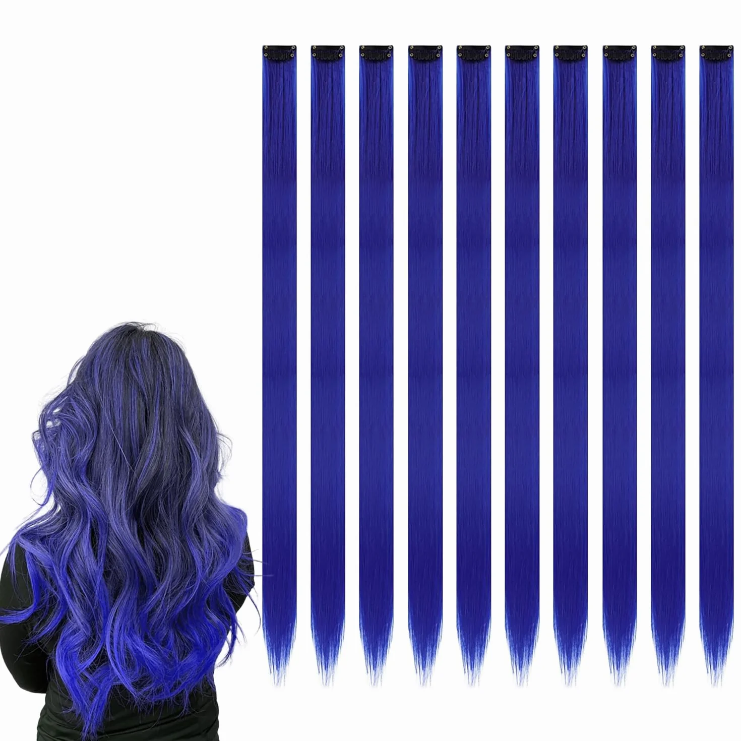 Extensiones de Clip de Pelo 22 Pulgadas 10 Piezas Azul para Mujeres Cosplay