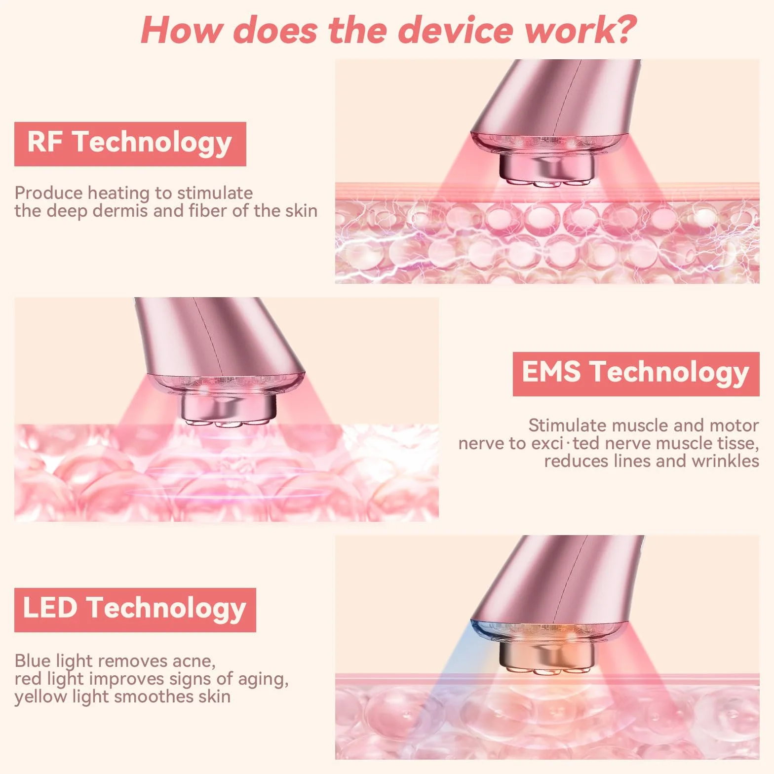 CARER BEAUTY Dispositivo de Radiofrecuencia Facial Masajeador Facial Contra las Arrugas y 3 Terapias de Luz LED para Reducir las Líneas Finas Reafirmar la Piel y Anti-Envejecimiento
