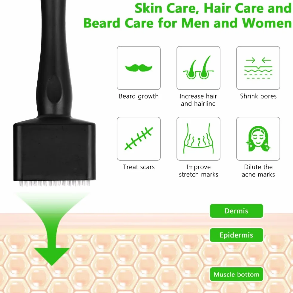 Derma Stamp Ajustable 0-3 mm Microneedling Dermapen Profesional 140 Pines Microagujas para Cabello Barba y Cuidado Facial Negro