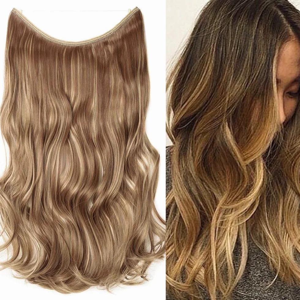 Natural Extensiones de Cabello con Hilo Invisible Rizada Onduada 20" 50cm 90g Marrón Claro mezcla Rubio Ceniza