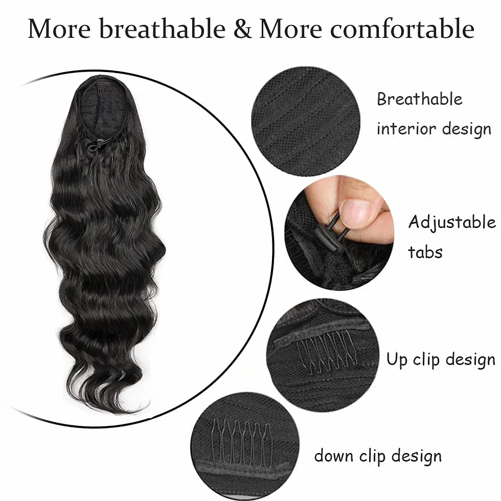 Peluca de cola de caballo ondulada larga para mujeres negras, extensión de cabello sintético con cordón clip