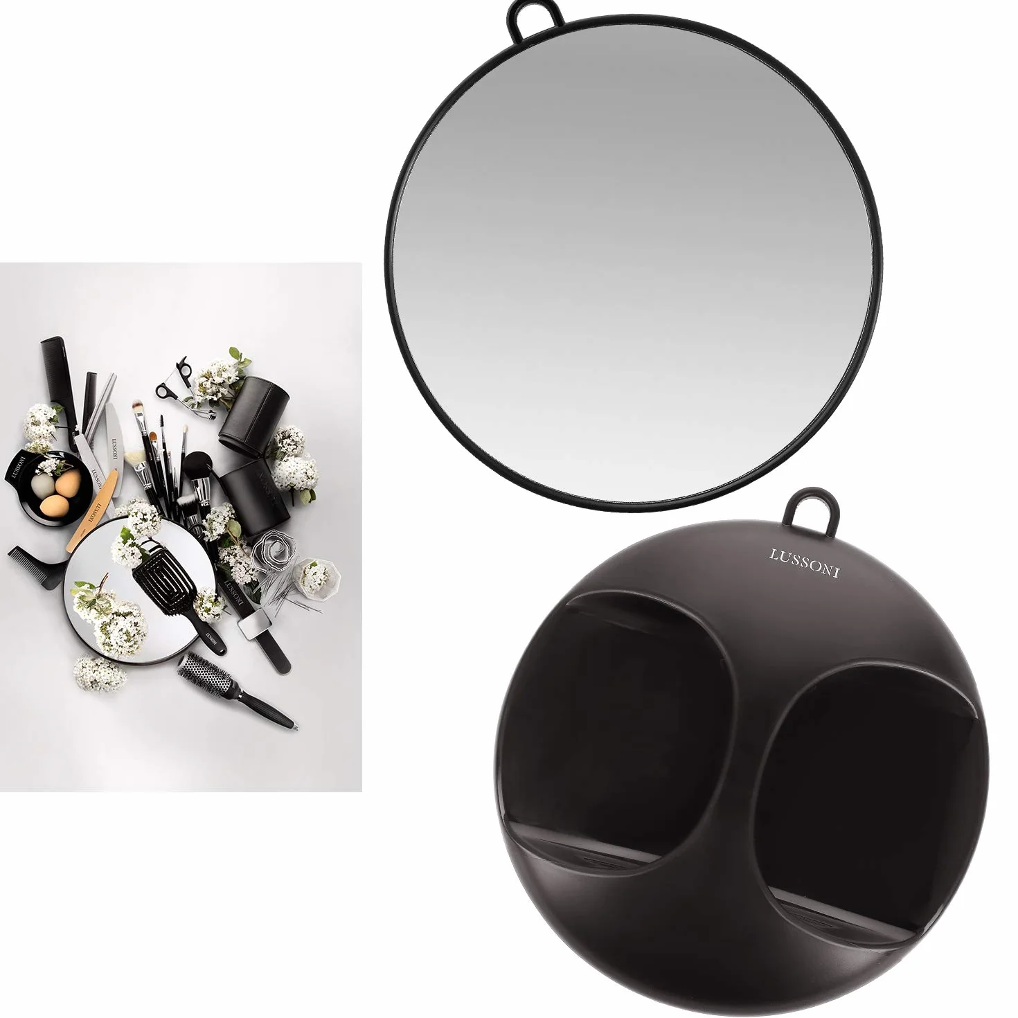 LUSSONI T4B Espejo redondo 28 cm negro para salones de belleza