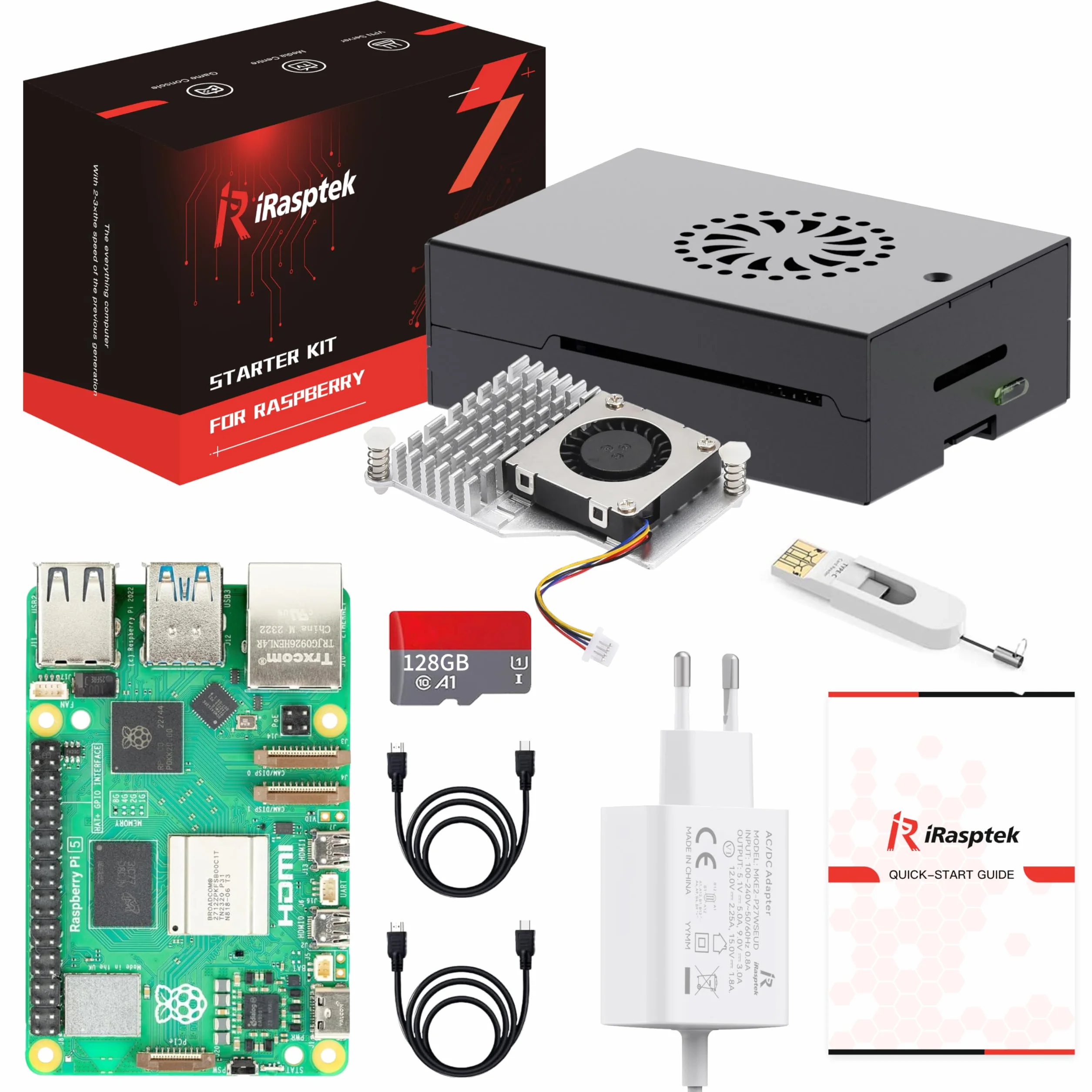iRasptek Starter Kit para Raspberry Pi 5 8GB RAM 128GB OS-Bookworm Caja de Aluminio