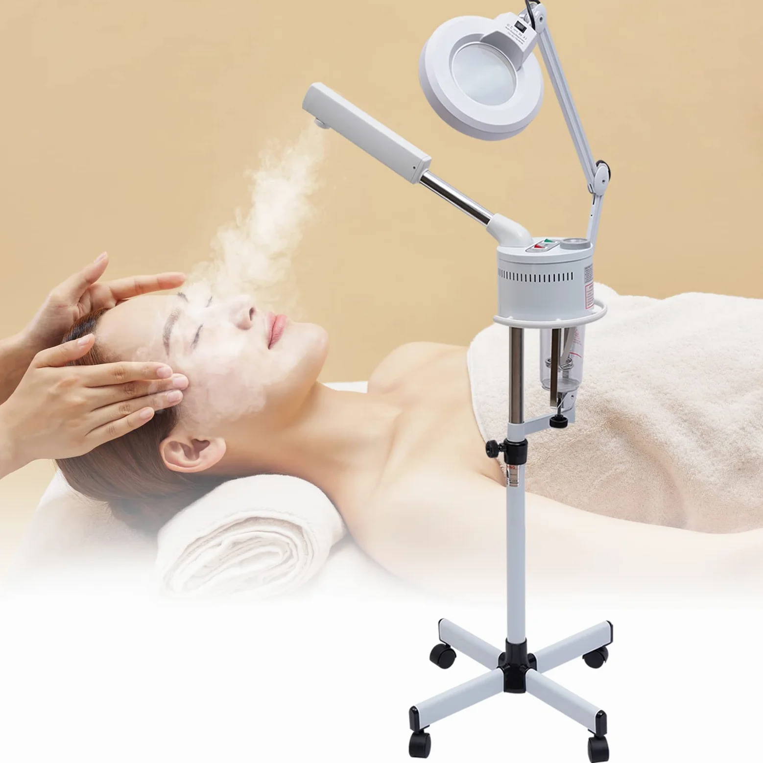 Vaporizador facial 2 en 1 y 5 luces LED con lupa, pulverizador facial, spa, belleza, ozono, vaporizador para hidratación y cuidado de la piel