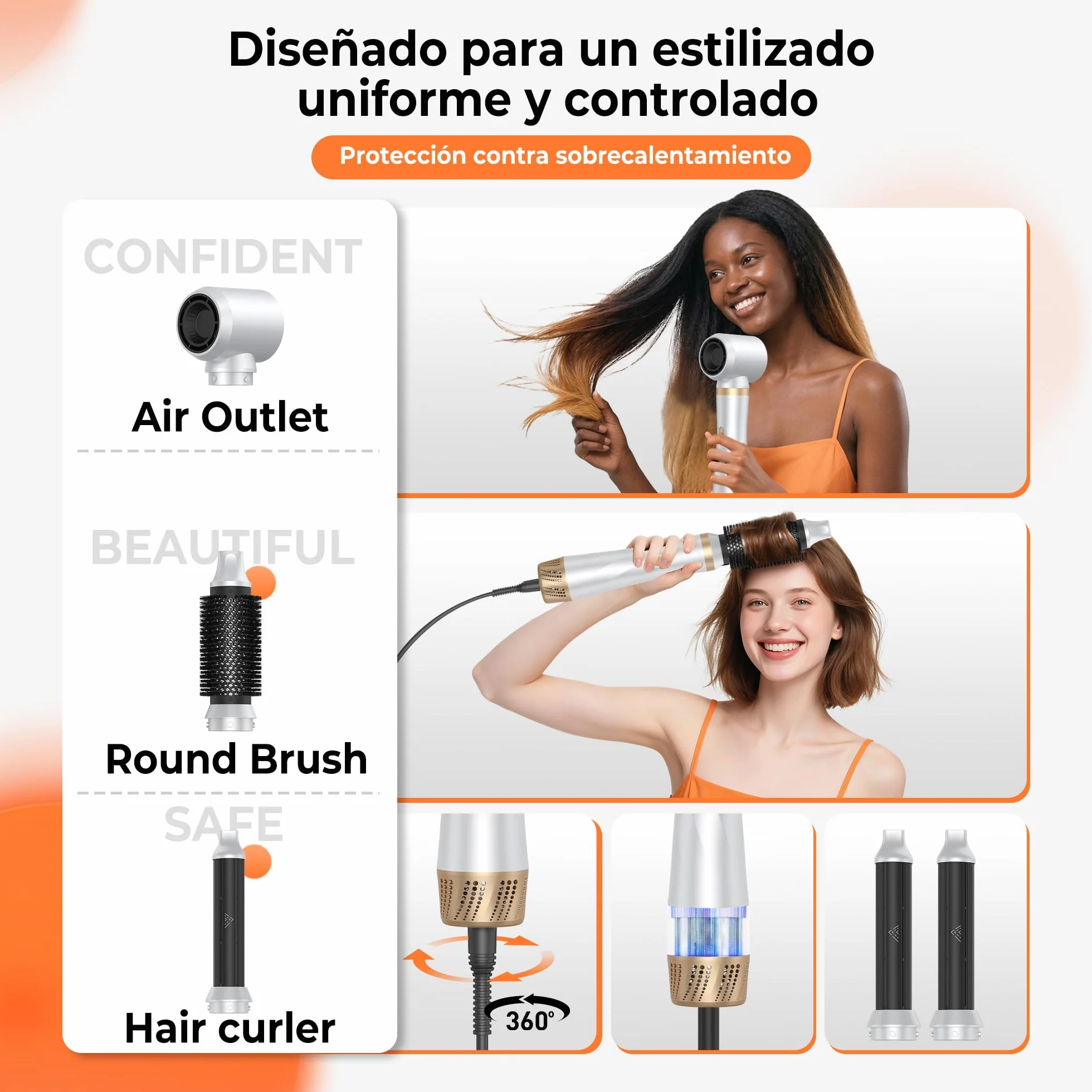 Cepillo Secador de Pelo 5 en 1 Multifunción con 5 Cabezales y 3 Temperaturas