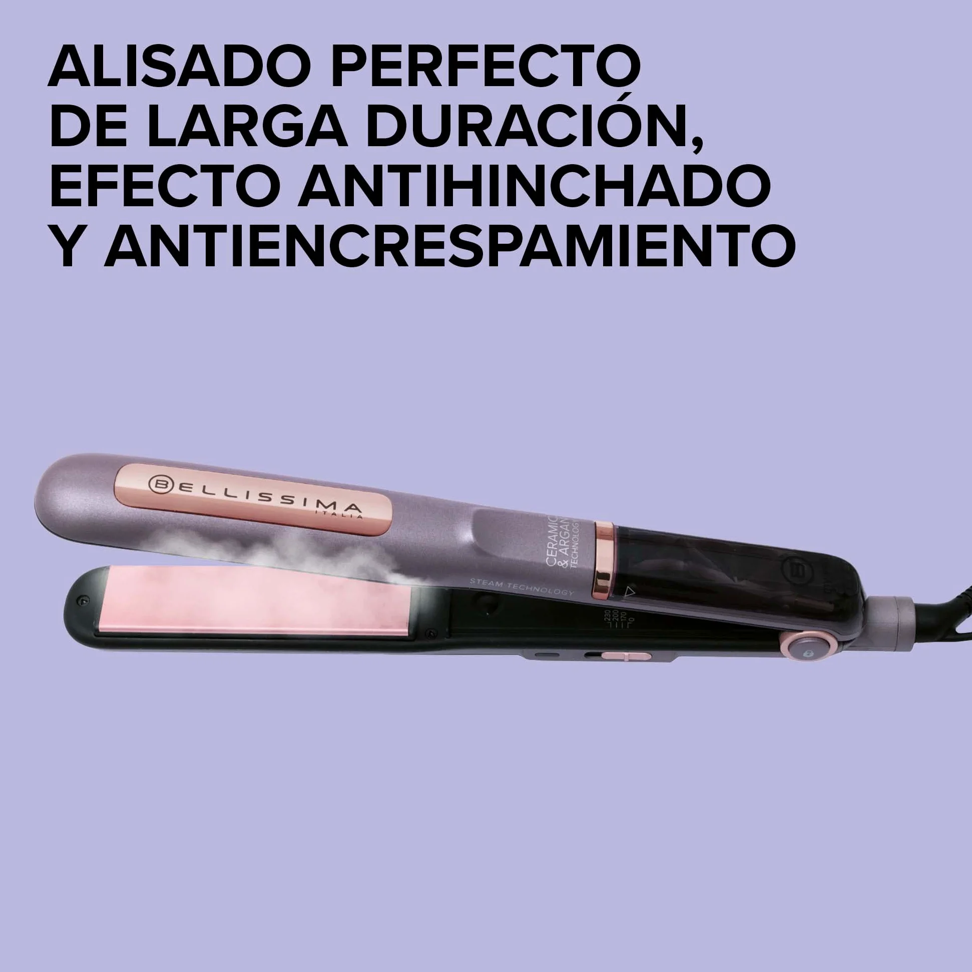 Bellissima Steam Ceramic & Argan Oil Plancha de Vapor, Revestimiento de Cerámica y Aceite de Argán, 3 Niveles, Calentamiento Rápido, Placas Básculantes, Apagado Automático
